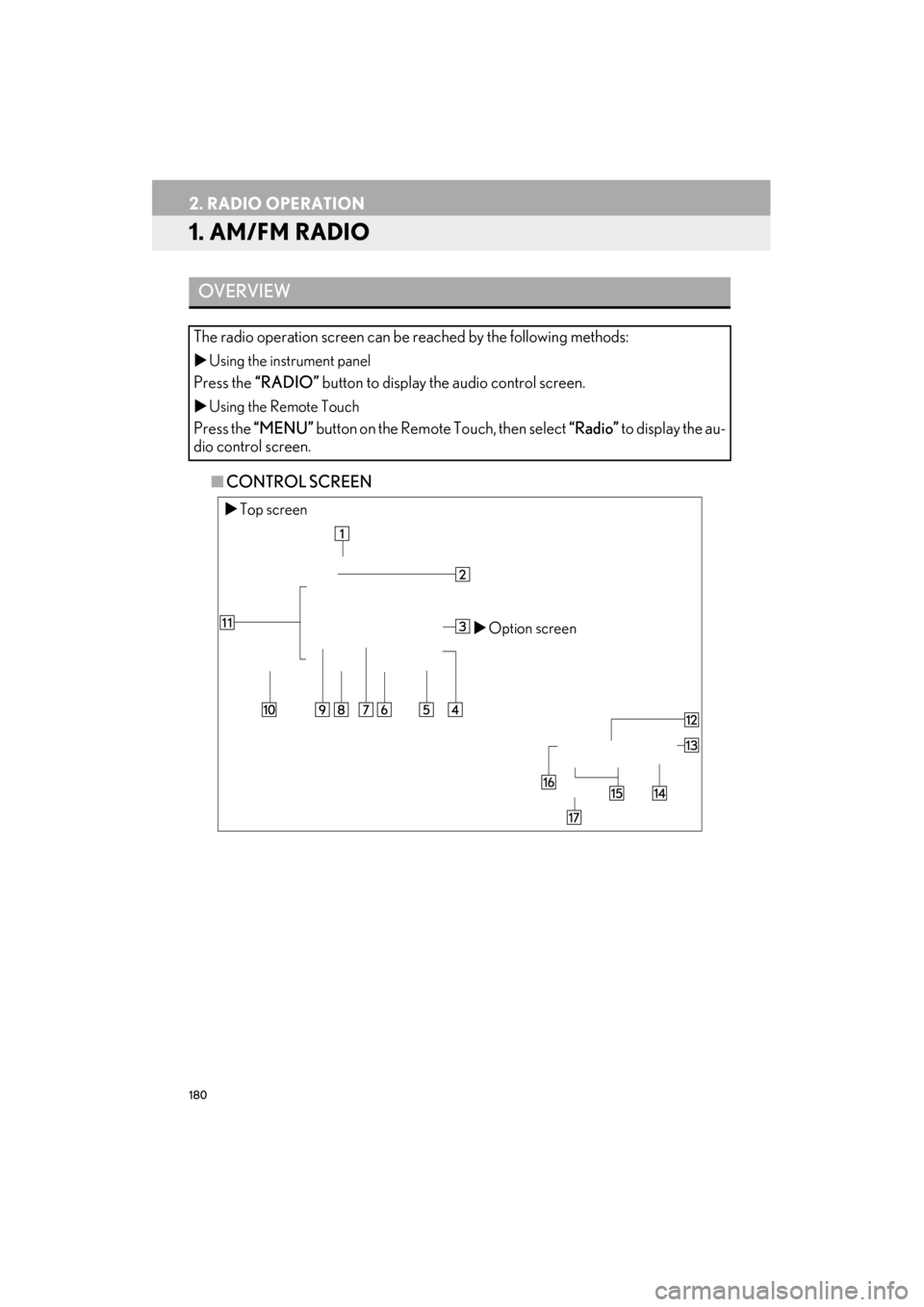 Lexus ES300h 2015  Navigation Manual 180
ES350/300h_Navi_OM33B43U_(U)14.06.23     09:44
2. RADIO OPERATION
1. AM/FM RADIO
■CONTROL SCREEN
OVERVIEW
The radio operation screen can be reached by the following methods:
�X Using the instrum