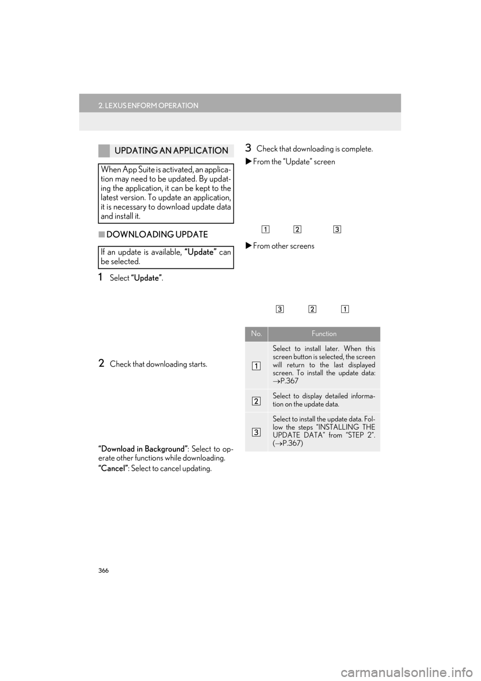 Lexus ES300h 2015  Navigation Manual 366
2. LEXUS ENFORM OPERATION
ES350/300h_Navi_OM33B43U_(U)14.06.23     09:44
■DOWNLOADING UPDATE
1Select  “Update” .
2Check that downloading starts.
“Download in Background” : Select to op-
