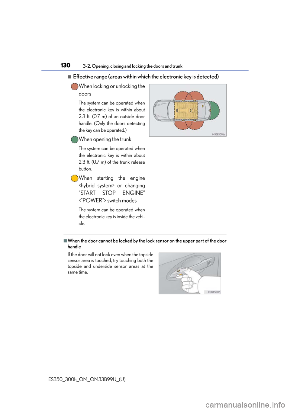 Lexus ES300h 2015  Do-it-yourself maintenance / Owners Manual (OM33B99U) 130
ES350_300h_OM_OM33B99U_(U)
3-2. Opening, closing and locking the doors and trunk
■Effective range (areas within which the electronic key is detected)
When locking or unlocking the
doors
The syst