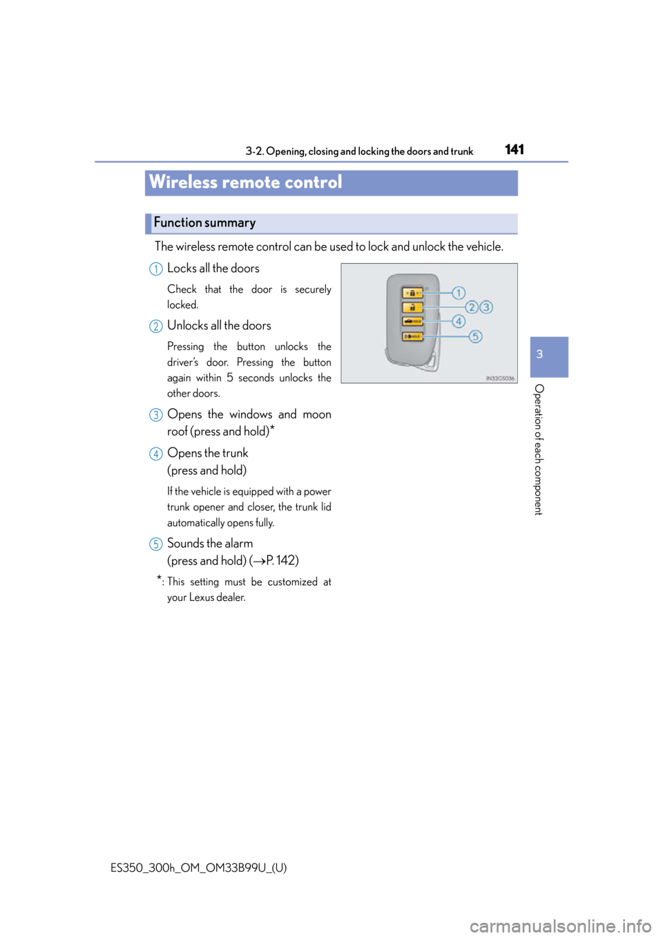 Lexus ES300h 2015 Do-it-yourself maintenance / Owners Manual (OM33B99U) 141
ES350_300h_OM_OM33B99U_(U)
3-2. Opening, closing and locking the doors and trunk
3
Operation of each component
Wireless remote control
The wireless remote control can be used to lock and unlock t Lexus ES300h 2015 Do-it-yourself maintenance / Owners Manual (OM33B99U) 141
ES350_300h_OM_OM33B99U_(U)
3-2. Opening, closing and locking the doors and trunk
3
Operation of each component
Wireless remote control
The wireless remote control can be used to lock and unlock t