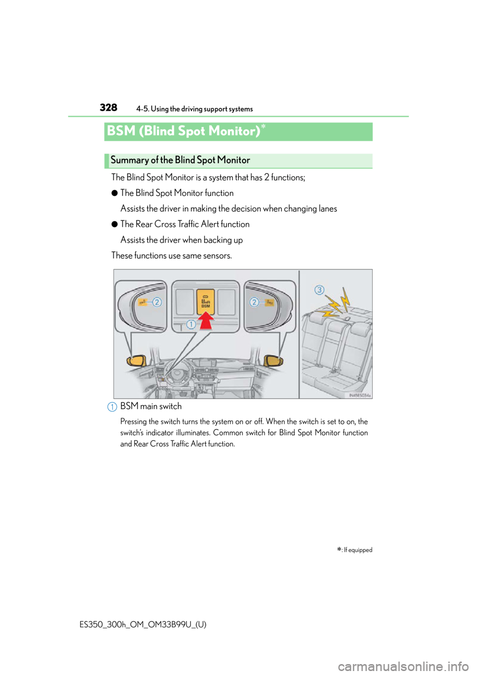 Lexus ES300h 2015 Do-it-yourself maintenance / (OM33B99U) Service Manual 328
ES350_300h_OM_OM33B99U_(U)
4-5. Using the driving support systems
BSM (Blind Spot Monitor)
The Blind Spot Monitor is a system that has 2 functions;
●The Blind Spot Monitor function
Assists th Lexus ES300h 2015 Do-it-yourself maintenance / (OM33B99U) Service Manual 328
ES350_300h_OM_OM33B99U_(U)
4-5. Using the driving support systems
BSM (Blind Spot Monitor)
The Blind Spot Monitor is a system that has 2 functions;
●The Blind Spot Monitor function
Assists th