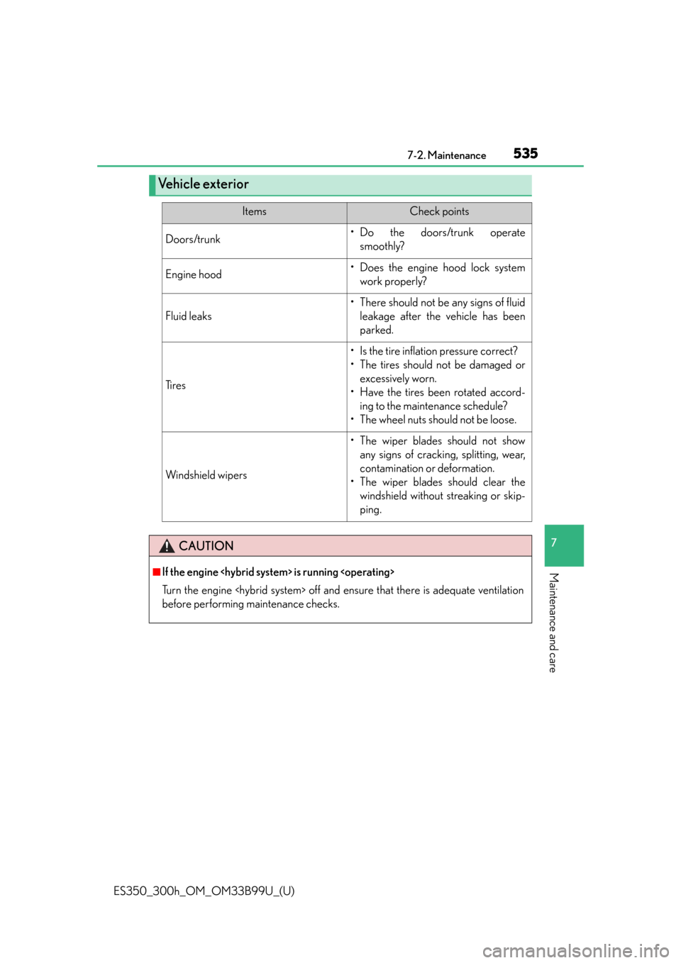 Lexus ES300h 2015  Do-it-yourself maintenance / Owners Manual (OM33B99U) ES350_300h_OM_OM33B99U_(U)
5357-2. Maintenance
7
Maintenance and care
Ve h i c l e  e x t e r i o r
ItemsCheck points
Doors/trunk• Do the doors/trunk operatesmoothly?
Engine hood• Does the engine 