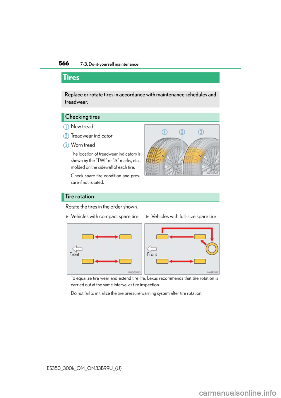 Lexus ES300h 2015  Do-it-yourself maintenance / Owners Manual (OM33B99U) 566
ES350_300h_OM_OM33B99U_(U)
7-3. Do-it-yourself maintenance
Tires
New tread
Treadwear indicator
Worn tread
The location of treadwear indicators is
shown by the “TWI” or “” marks, etc.,
m