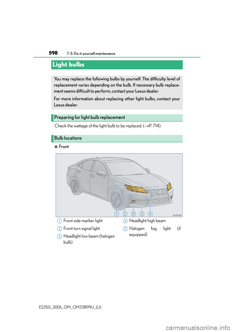 Lexus ES300h 2015 Do-it-yourself maintenance / Owners Manual (OM33B99U) 598
ES350_300h_OM_OM33B99U_(U)
7-3. Do-it-yourself maintenance
Light bulbs
Check the wattage of the light bulb to be replaced. (P. 714)
■Front
You may replace the following bulbs by yourself. The Lexus ES300h 2015 Do-it-yourself maintenance / Owners Manual (OM33B99U) 598
ES350_300h_OM_OM33B99U_(U)
7-3. Do-it-yourself maintenance
Light bulbs
Check the wattage of the light bulb to be replaced. (P. 714)
■Front
You may replace the following bulbs by yourself. The