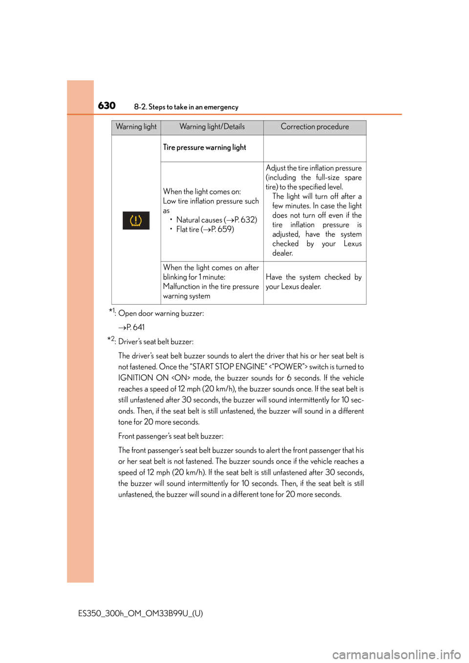 Lexus ES300h 2015  Do-it-yourself maintenance / Owners Manual (OM33B99U) 6308-2. Steps to take in an emergency
ES350_300h_OM_OM33B99U_(U)
*1: Open door warning buzzer: P.  6 4 1
*2: Driver’s seat belt buzzer:
The driver’s seat belt buzzer sounds to al ert the driver