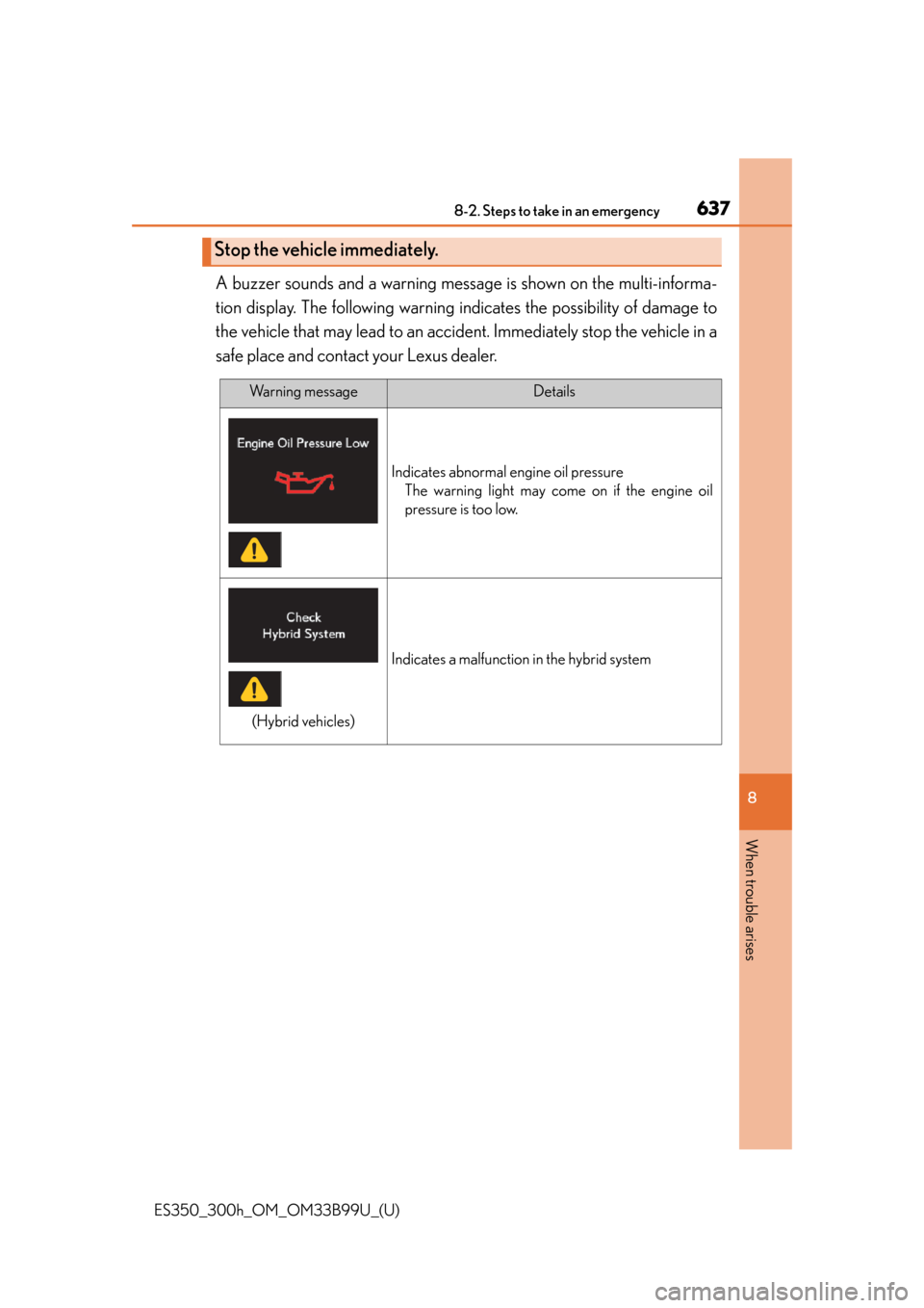 Lexus ES300h 2015  Do-it-yourself maintenance / Owners Manual (OM33B99U) 6378-2. Steps to take in an emergency
ES350_300h_OM_OM33B99U_(U)
8
When trouble arises
A buzzer sounds and a warning message is shown on the multi-informa-
tion display. The following warning in dicat