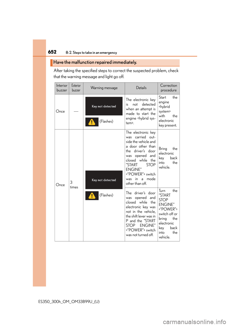 Lexus ES300h 2015 Do-it-yourself maintenance / Owners Manual (OM33B99U) 6528-2. Steps to take in an emergency
ES350_300h_OM_OM33B99U_(U)
After taking the specified steps to correct the suspected problem, check
that the warning message and light go off.
Have the malfunctio Lexus ES300h 2015 Do-it-yourself maintenance / Owners Manual (OM33B99U) 6528-2. Steps to take in an emergency
ES350_300h_OM_OM33B99U_(U)
After taking the specified steps to correct the suspected problem, check
that the warning message and light go off.
Have the malfunctio