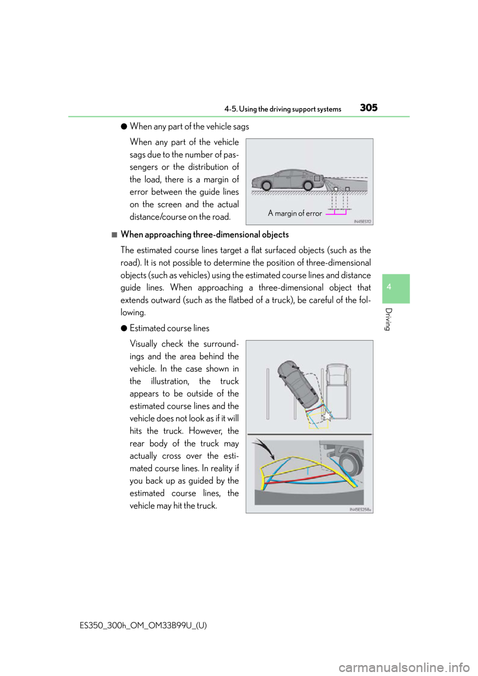 Lexus ES300h 2015 Instrument cluster / Owners Manual (OM33B99U) ES350_300h_OM_OM33B99U_(U)
3054-5. Using the driving support systems
4
Driving
●When any part of the vehicle sags
When any part of the vehicle
sags due to the number of pas-
sengers or the distribut Lexus ES300h 2015 Instrument cluster / Owners Manual (OM33B99U) ES350_300h_OM_OM33B99U_(U)
3054-5. Using the driving support systems
4
Driving
●When any part of the vehicle sags
When any part of the vehicle
sags due to the number of pas-
sengers or the distribut