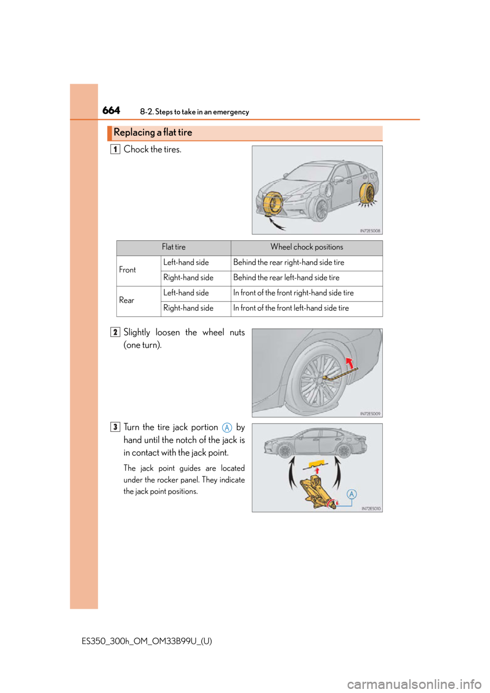 Lexus ES300h 2015 Instrument cluster / Owners Manual (OM33B99U) 6648-2. Steps to take in an emergency
ES350_300h_OM_OM33B99U_(U)
Chock the tires.
Slightly loosen the wheel nuts
(one turn).
Turn the tire jack portion by
hand until the notch of the jack is
in cont Lexus ES300h 2015 Instrument cluster / Owners Manual (OM33B99U) 6648-2. Steps to take in an emergency
ES350_300h_OM_OM33B99U_(U)
Chock the tires.
Slightly loosen the wheel nuts
(one turn).
Turn the tire jack portion by
hand until the notch of the jack is
in cont