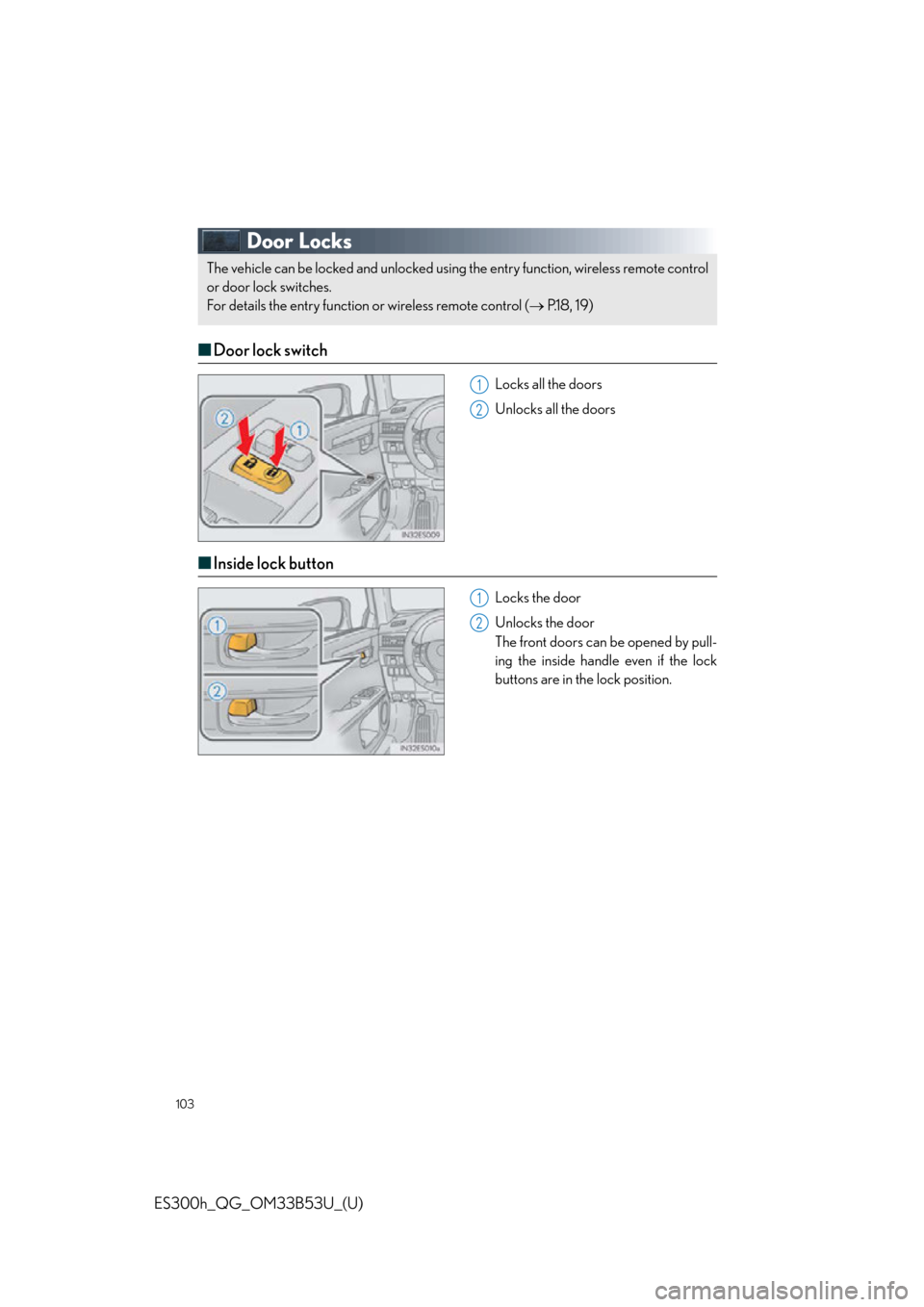 Lexus ES300h 2015  Other interior features / Owners Manual Quick Guide (OM33B53U) 103
ES300h_QG_OM33B53U_(U)
Door Locks
■Door lock switch
Locks all the doors
Unlocks all the doors
■Inside lock button
Locks the door
Unlocks the door
The front doors can be opened by pull-
ing the