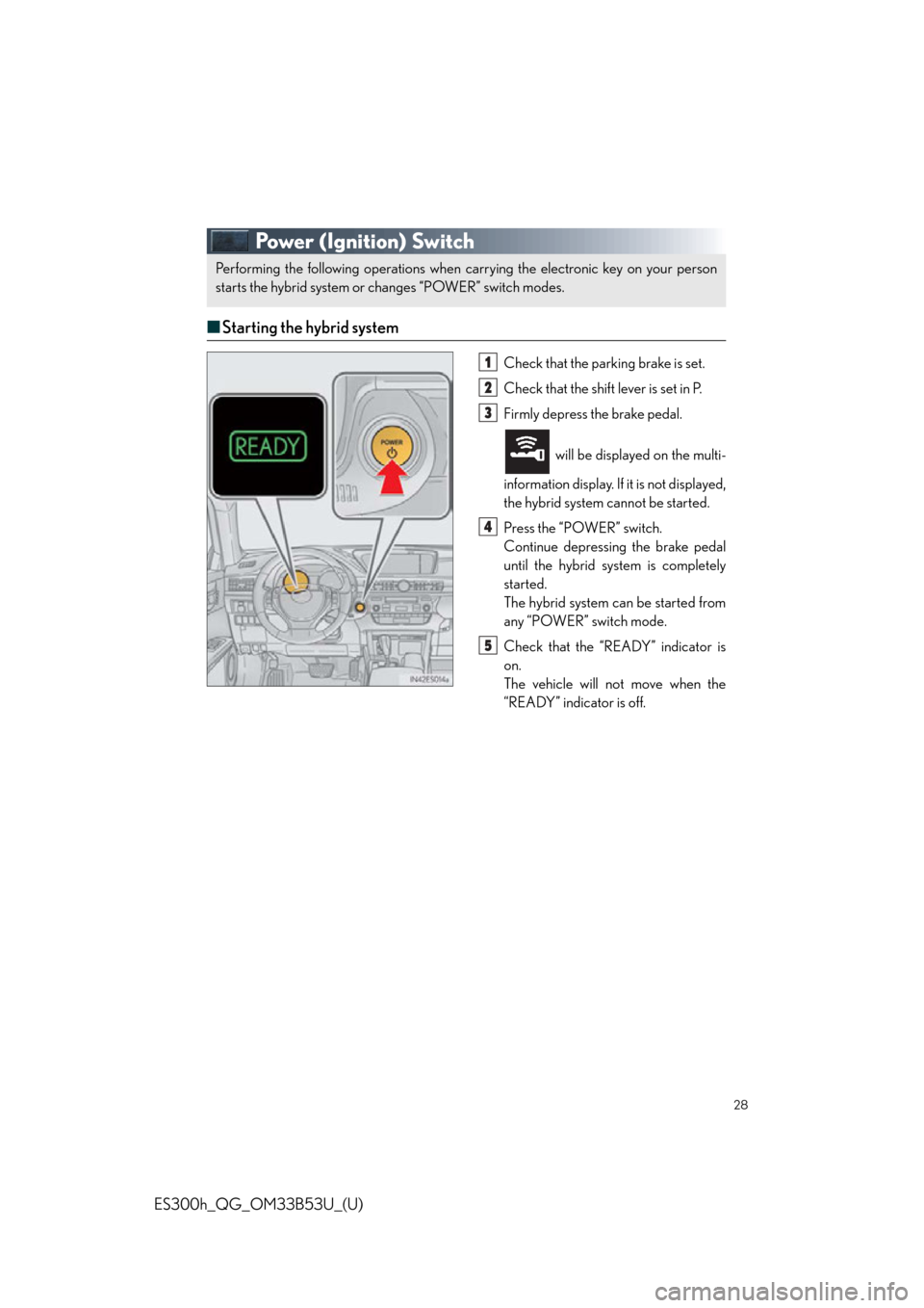 Lexus ES300h 2015  Other interior features / Owners Manual Quick Guide (OM33B53U) 28
ES300h_QG_OM33B53U_(U)
Power (Ignition) Switch 
■Starting the hybrid system
Check that the par king brake is set.
Check that the shift lever is set in P.
Firmly depress the brake pedal.
 will be 