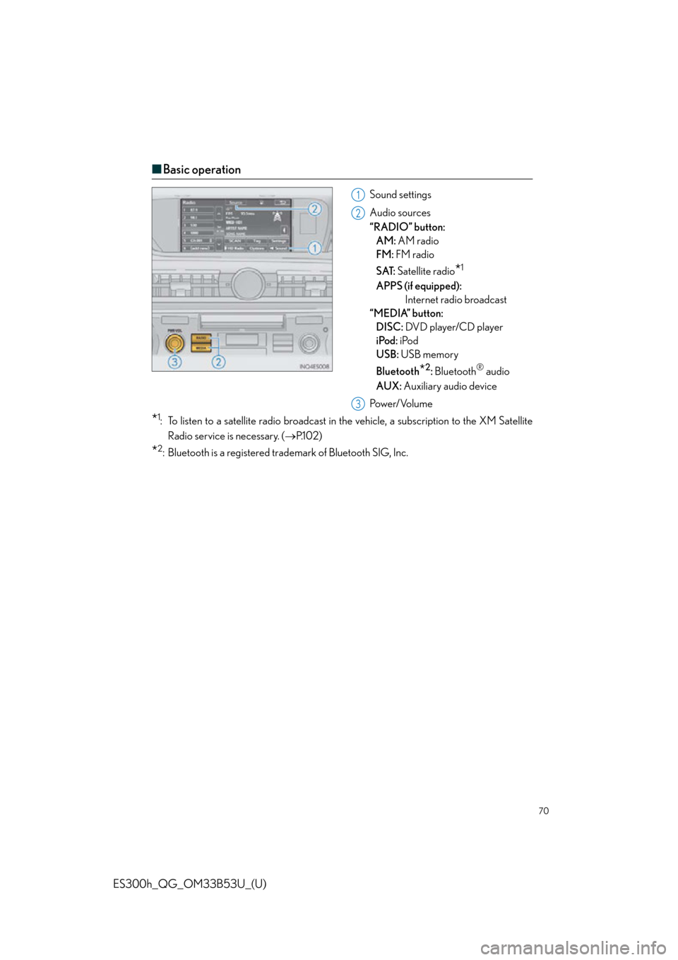 Lexus ES300h 2015  Other interior features /  Quick Guide (OM33B53U) Repair Manual 70
ES300h_QG_OM33B53U_(U)
■Basic operation
Sound settings
Audio sources
“RADIO” button: 
AM:  AM radio
FM:  FM radio
SAT:  Satellite radio
*1
APPS (if equipped): 
Internet radio broadcast
“MED