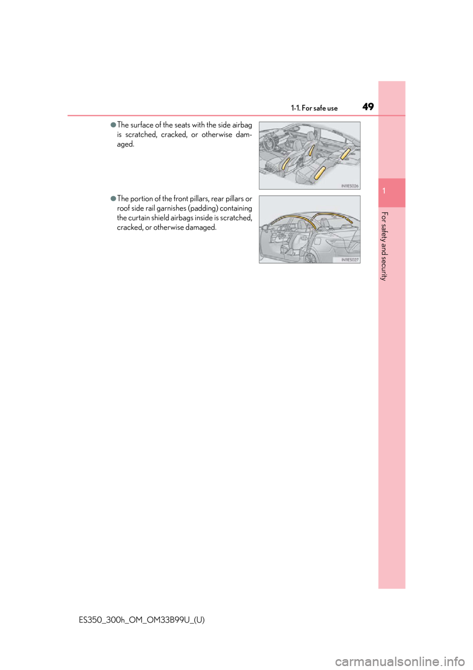 Lexus ES300h 2015  Other interior features /  (OM33B99U) Service Manual 491-1. For safe use
ES350_300h_OM_OM33B99U_(U)
1
For safety and security
●The surface of the seats with the side airbag
is scratched, cracked, or otherwise dam-
aged.
●The portion of the front pil