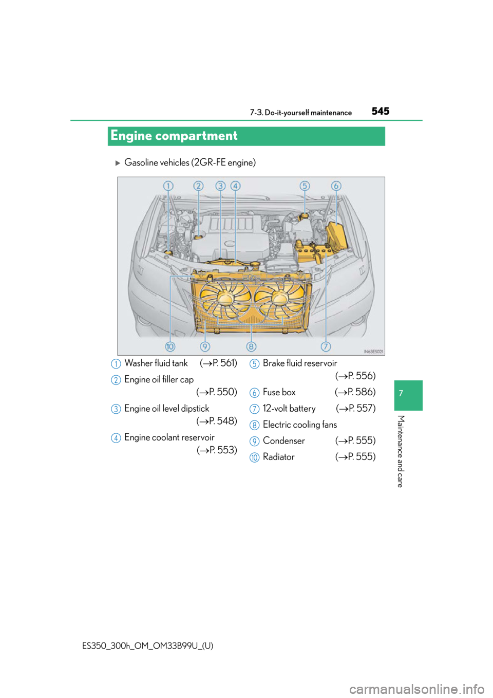 Lexus ES300h 2015  Other interior features / Owners Manual (OM33B99U) 545
ES350_300h_OM_OM33B99U_(U)
7-3. Do-it-yourself maintenance
7
Maintenance and care
Engine compartment
Gasoline vehicles (2GR-FE engine)
Washer fluid tank  (P. 561)
Engine oil filler cap (P