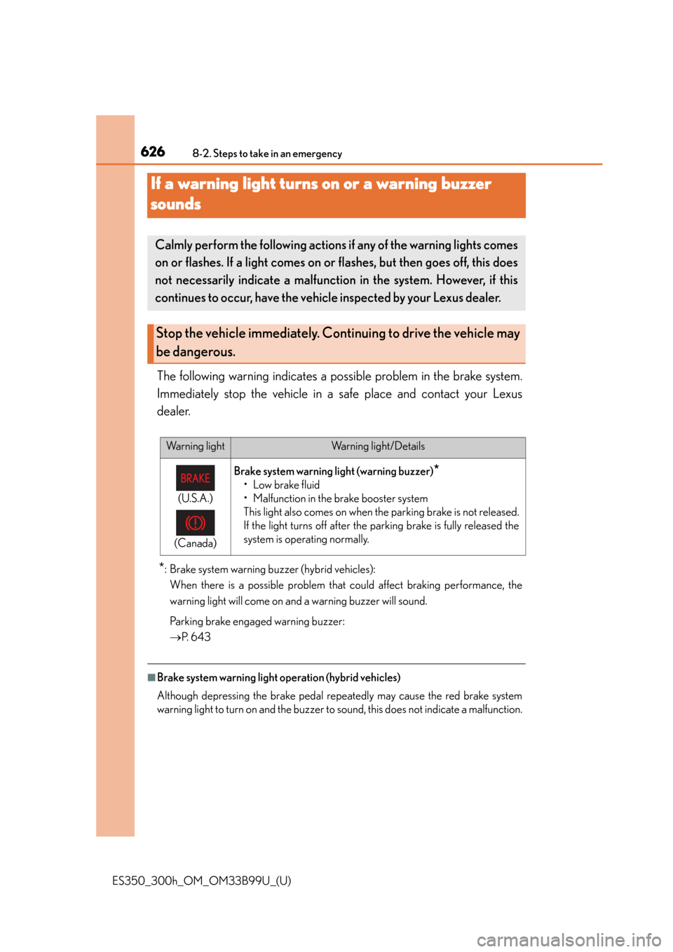 Lexus ES300h 2015  Other interior features /  (OM33B99U) User Guide 626
ES350_300h_OM_OM33B99U_(U)
8-2. Steps to take in an emergency
If a warning light turns on or a warning buzzer 
sounds
The following warning indicates a possible problem in the brake system.
Immedi
