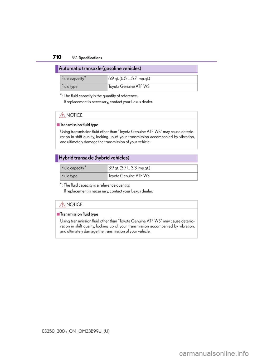 Lexus ES300h 2015  Other interior features / Owners Manual (OM33B99U) 710
ES350_300h_OM_OM33B99U_(U)
9-1. Specifications
*: The fluid capacity is the quantity of reference.If replacement is necessary, contact your Lexus dealer.
*: The fluid capacity is a reference quant