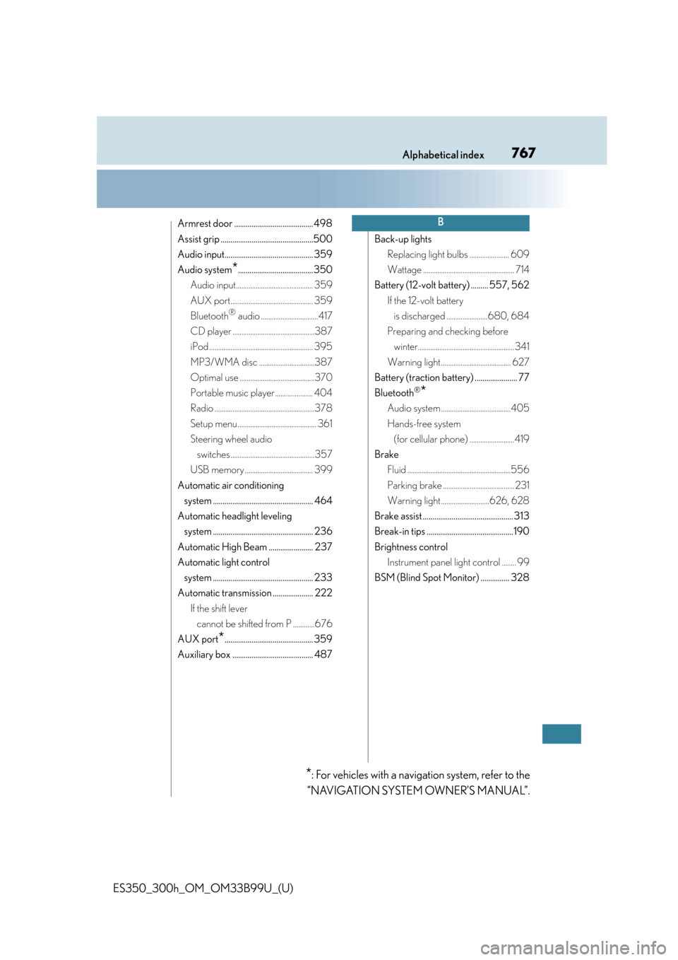Lexus ES300h 2015  Other interior features /  (OM33B99U) User Guide 767Alphabetical index
ES350_300h_OM_OM33B99U_(U)
Armrest door ......................................... 498
Assist grip ................................................500
Audio input.................