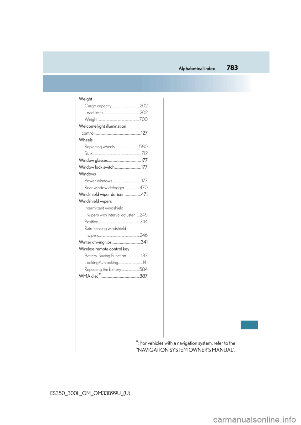 Lexus ES300h 2015  Other interior features / Owners Manual (OM33B99U) 783Alphabetical index
ES350_300h_OM_OM33B99U_(U)
WeightCargo capacity ...................................202
Load limits..............................................202
Weight........................