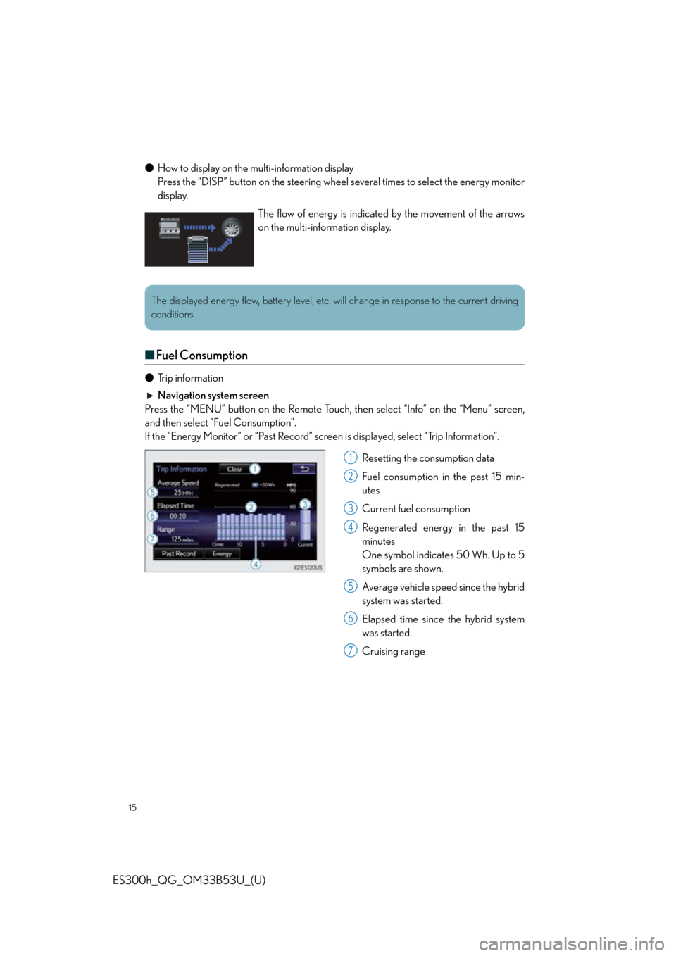 Lexus ES300h 2015  Opening, closing and locking the doors and trunk / Owners Manual Quick Guide (OM33B53U) 15
ES300h_QG_OM33B53U_(U)
●How to display on the multi-information display
Press the “DISP” button on the steering wheel several times to select the energy monitor
display.
■Fuel Consumption
�