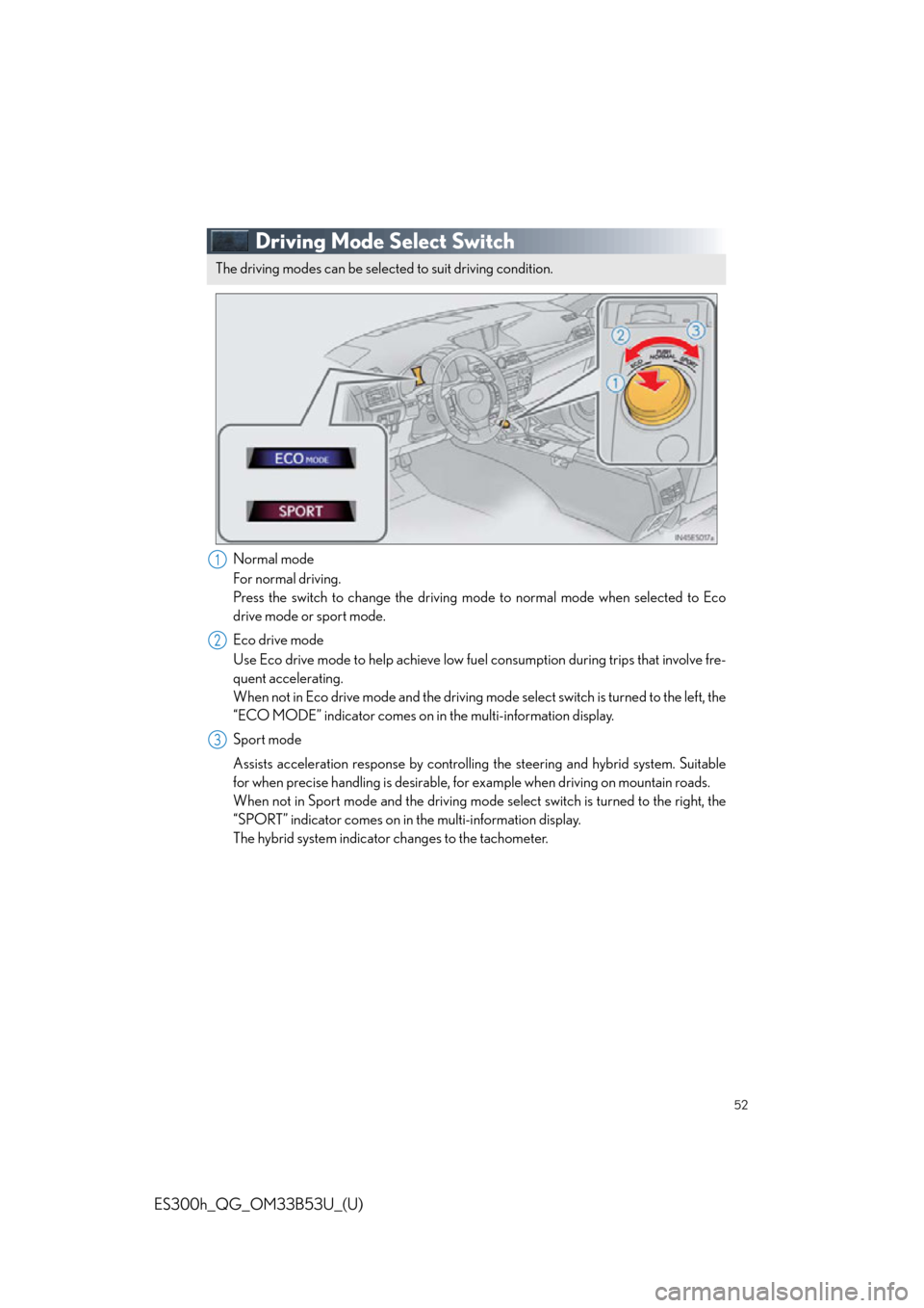 Lexus ES300h 2015  Opening, closing and locking the doors and trunk / Owners Manual Quick Guide (OM33B53U) 52
ES300h_QG_OM33B53U_(U)
Driving Mode Select Switch
Normal mode
For normal driving.
Press the switch to change the driving mode to normal mode when selected to Eco
drive mode or sport mode.
Eco drive