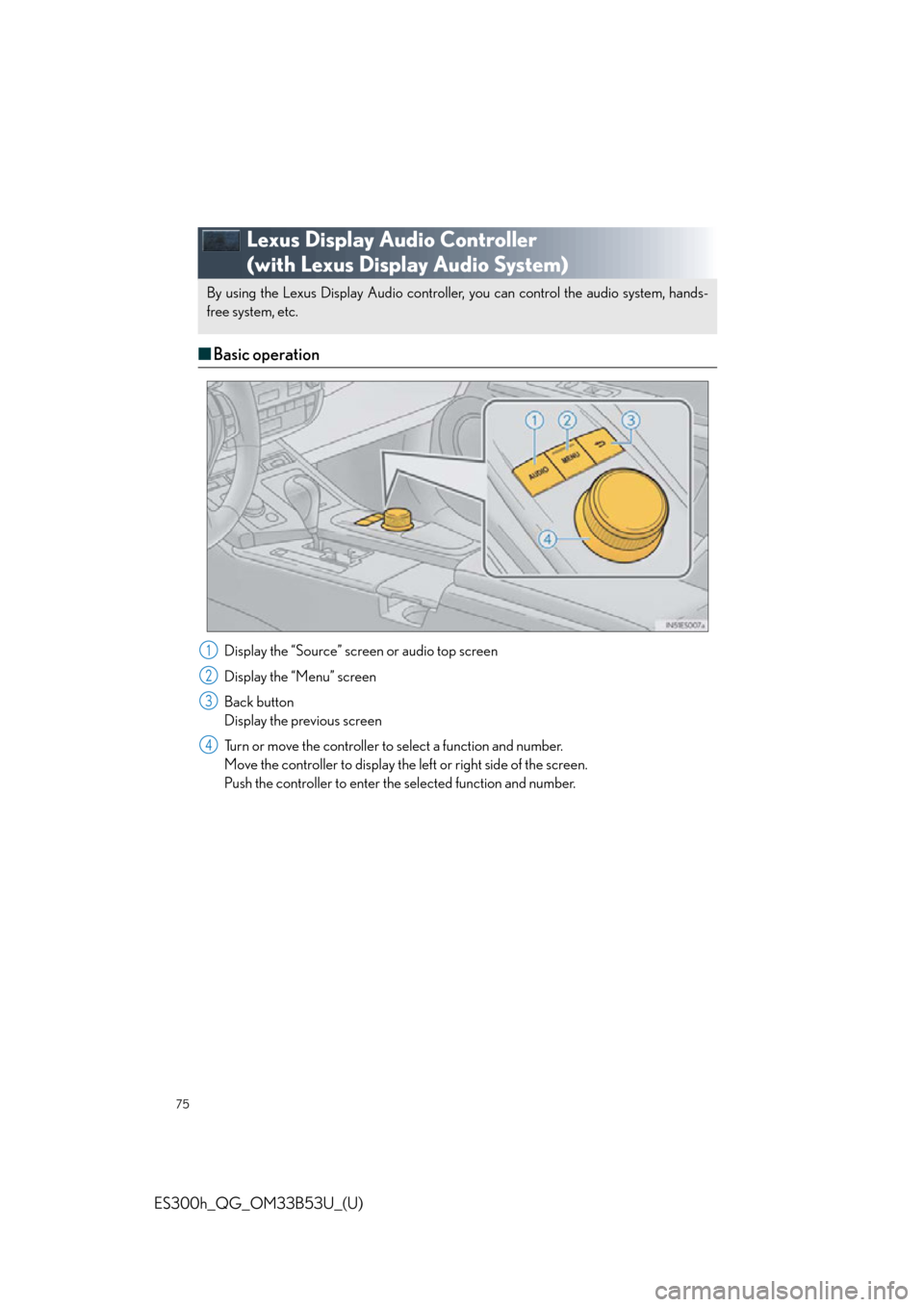 Lexus ES300h 2015  Opening, closing and locking the doors and trunk /  Quick Guide (OM33B53U) Manual PDF 75
ES300h_QG_OM33B53U_(U)
Lexus Display Audio Controller 
(with Lexus Display Audio System)
■Basic operation
Display the “Source” screen or audio top screen
Display the “Menu” screen
Back bu