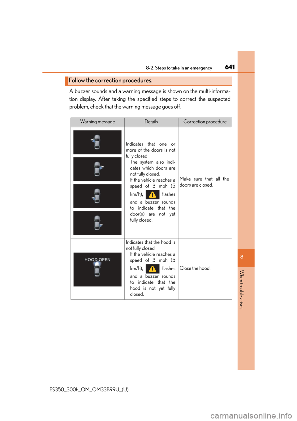 Lexus ES300h 2015 Opening, closing and locking the doors and trunk / (OM33B99U) Manual PDF 6418-2. Steps to take in an emergency
ES350_300h_OM_OM33B99U_(U)
8
When trouble arises
A buzzer sounds and a warning message is shown on the multi-informa-
tion display. After taking the spec ified st Lexus ES300h 2015 Opening, closing and locking the doors and trunk / (OM33B99U) Manual PDF 6418-2. Steps to take in an emergency
ES350_300h_OM_OM33B99U_(U)
8
When trouble arises
A buzzer sounds and a warning message is shown on the multi-informa-
tion display. After taking the spec ified st