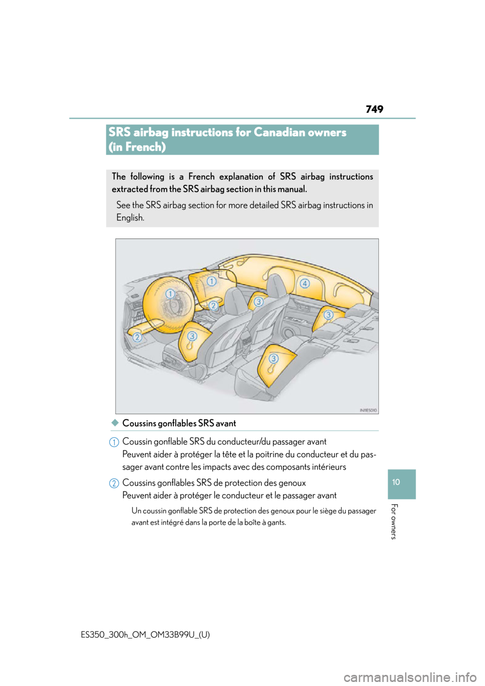 Lexus ES300h 2015  Opening, closing and locking the doors and trunk / Owners Manual (OM33B99U) 749
ES350_300h_OM_OM33B99U_(U)
10
For owners
SRS airbag instructions for Canadian owners 
(in French)
◆Coussins gonflables SRS avant
Coussin gonflable SRS du conducteur/du passager avant 
Peuvent ai