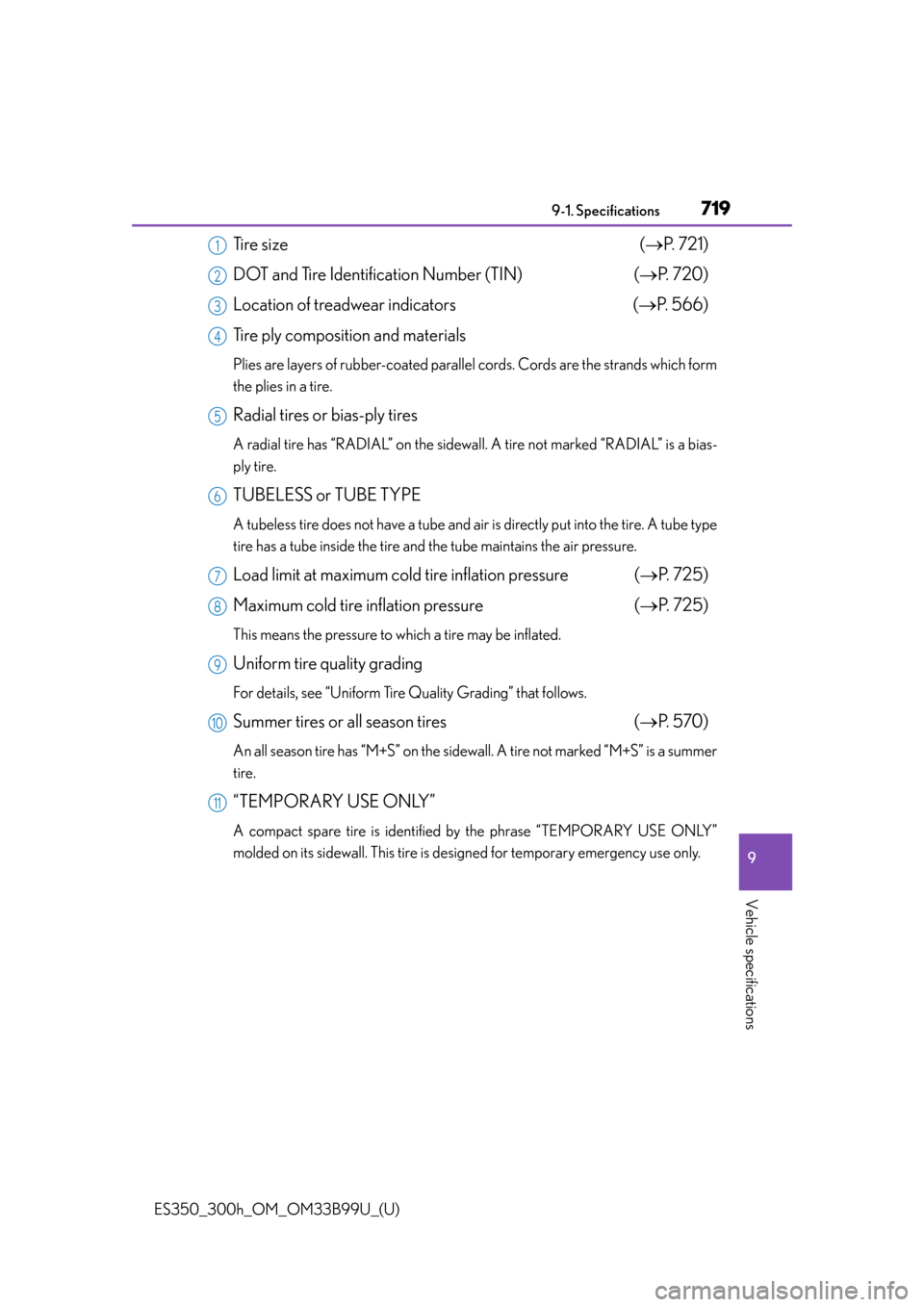 Lexus ES300h 2015  Specifications / Owners Manual (OM33B99U) ES350_300h_OM_OM33B99U_(U)
7199-1. Specifications
9
Vehicle specifications
Tire size ( P.  7 2 1 )
DOT and Tire Identification Number (TIN) ( P. 720)
Location of treadwear indicators ( P. 566