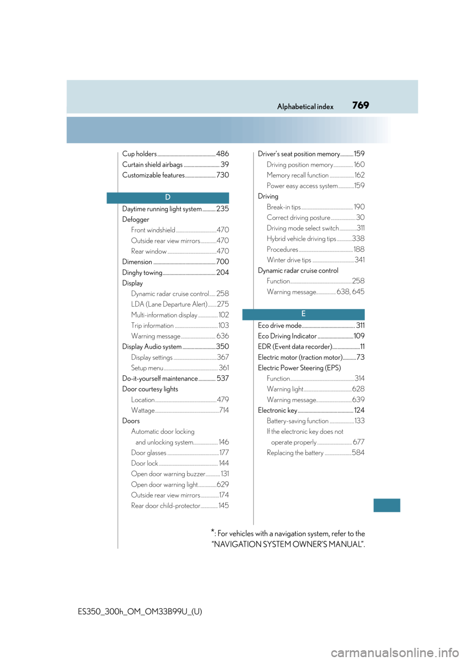 Lexus ES300h 2015  Specifications / Owners Manual (OM33B99U) 769Alphabetical index
ES350_300h_OM_OM33B99U_(U)
Cup holders ............................................ 486
Curtain shield airbags ........................... 39
Customizable features ..............