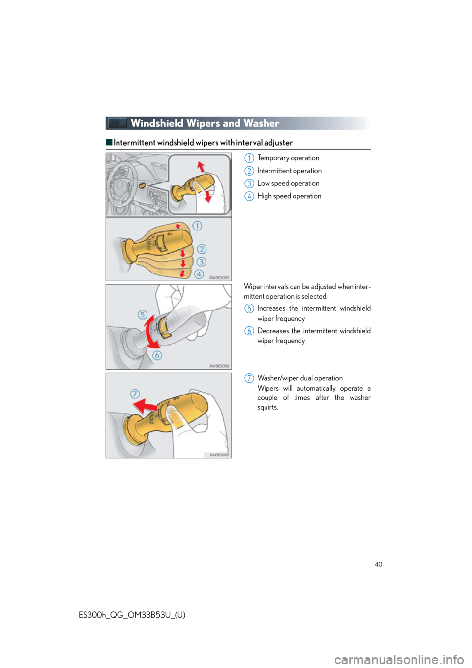Lexus ES300h 2015  Playing an audio CD and MP3/WMA/AAC discs / Owners Manual Quick Guide (OM33B53U) 40
ES300h_QG_OM33B53U_(U)
Windshield Wipers and Washer
■Intermittent windshield wi pers with interval adjuster
Temporary operation
Intermittent operation
Low speed operation
High speed operation
Wip