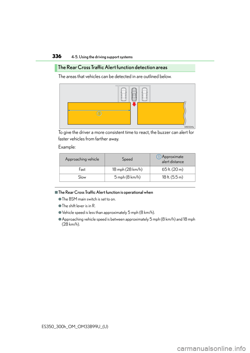 Lexus ES300h 2015 Key information / Owners Manual (OM33B99U) 336
ES350_300h_OM_OM33B99U_(U)
4-5. Using the driving support systems
The areas that vehicles can be detected in are outlined below.
To give the driver a more consistent time to react, the buzzer can Lexus ES300h 2015 Key information / Owners Manual (OM33B99U) 336
ES350_300h_OM_OM33B99U_(U)
4-5. Using the driving support systems
The areas that vehicles can be detected in are outlined below.
To give the driver a more consistent time to react, the buzzer can