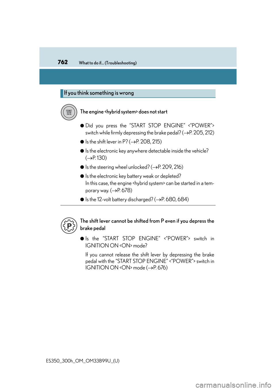 Lexus ES300h 2015 Key information / Owners Manual (OM33B99U) 762What to do if... (Troubleshooting)
ES350_300h_OM_OM33B99U_(U)●
Did you press the “START STOP ENGINE” <“POWER”>
switch while firmly depressing the brake pedal? (
P. 205, 212)
●Is the Lexus ES300h 2015 Key information / Owners Manual (OM33B99U) 762What to do if... (Troubleshooting)
ES350_300h_OM_OM33B99U_(U)●
Did you press the “START STOP ENGINE” <“POWER”>
switch while firmly depressing the brake pedal? (
P. 205, 212)
●Is the
