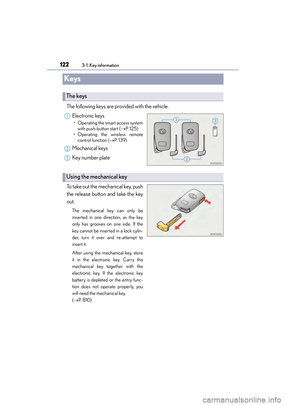 Lexus ES300h 2014  Owners Manual 122
ES350_300h_OM_OM33A60U_(U)
3-1. Key information
Keys
The following keys are provided with the vehicle.Electronic keys
• Operating the smart access systemwith push-button start ( →P.  1 2 5 )
�