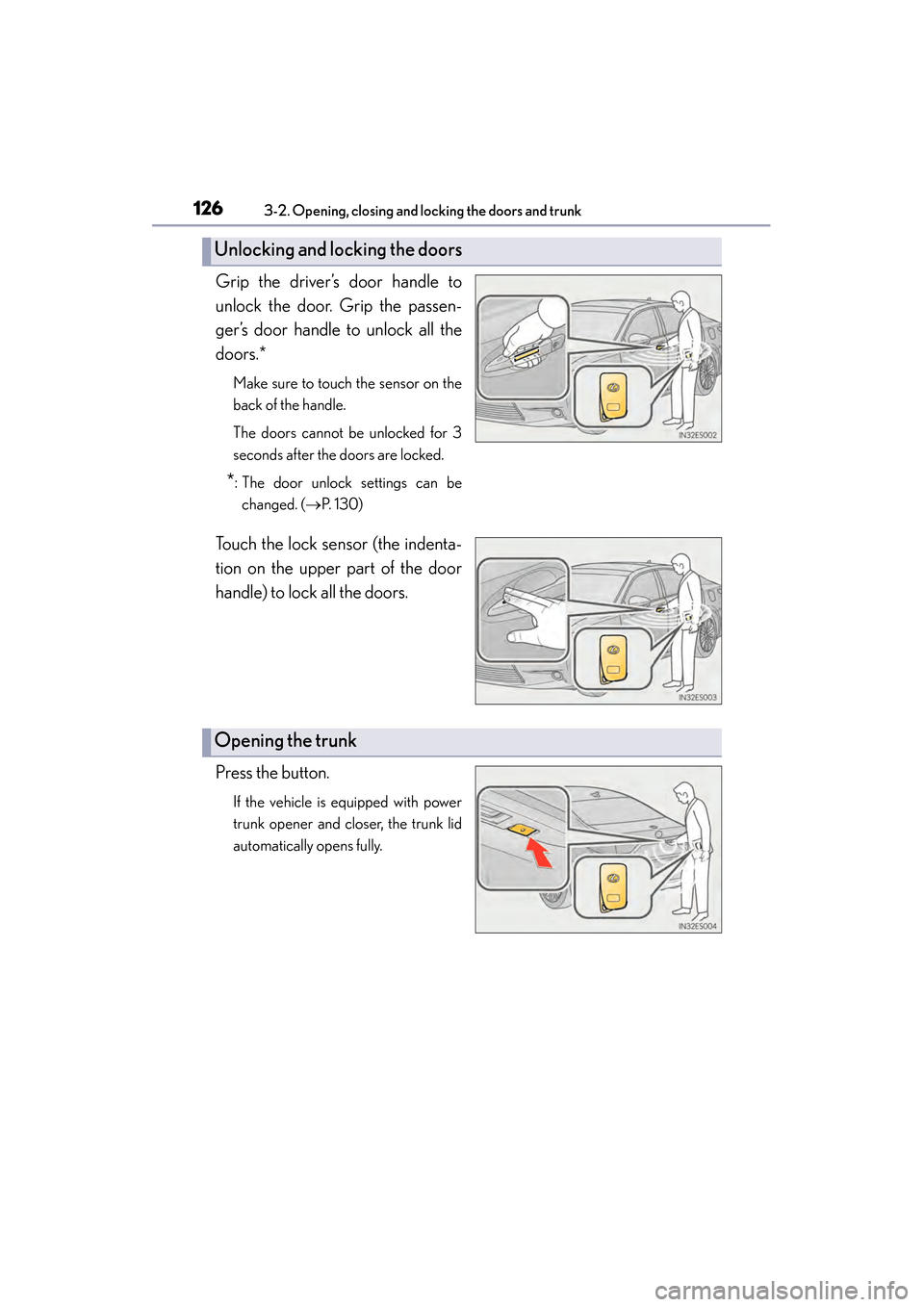 Lexus ES300h 2014  Owners Manual 126
ES350_300h_OM_OM33A60U_(U)
3-2. Opening, closing and locking the doors and trunk
Grip the driver’s door handle to
unlock the door. Grip the passen-
ger’s door handle to unlock all the
doors.*
