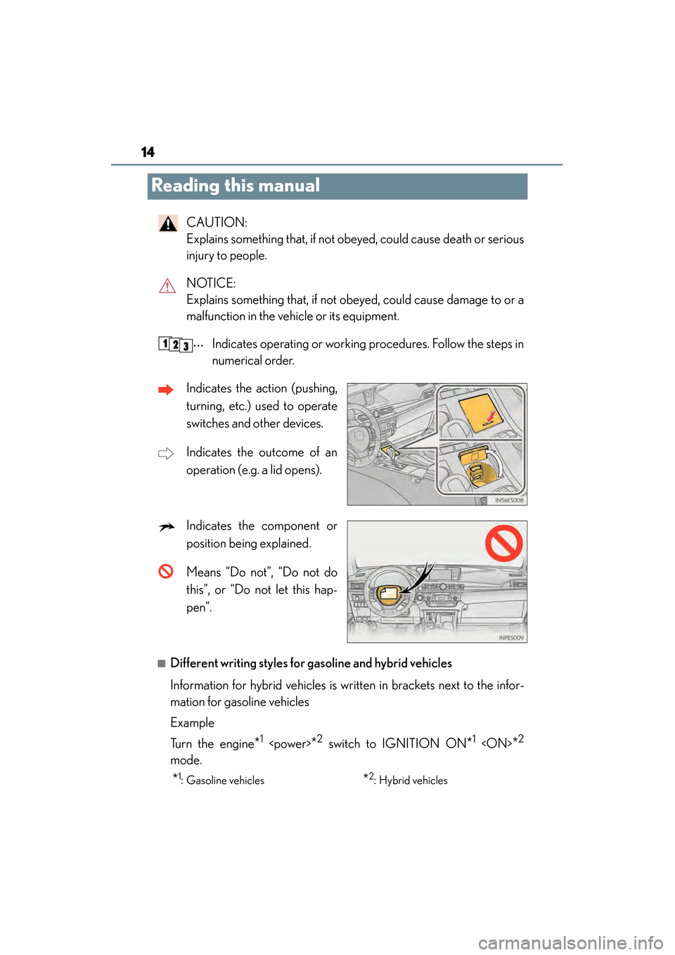 Lexus ES300h 2014  Owners Manual 14
ES350_300h_OM_OM33A60U_(U)
Reading this manual
CAUTION: 
Explains something that, if not obeyed, could cause death or serious
injury to people.
NOTICE: 
Explains something that, if not obeyed, coul