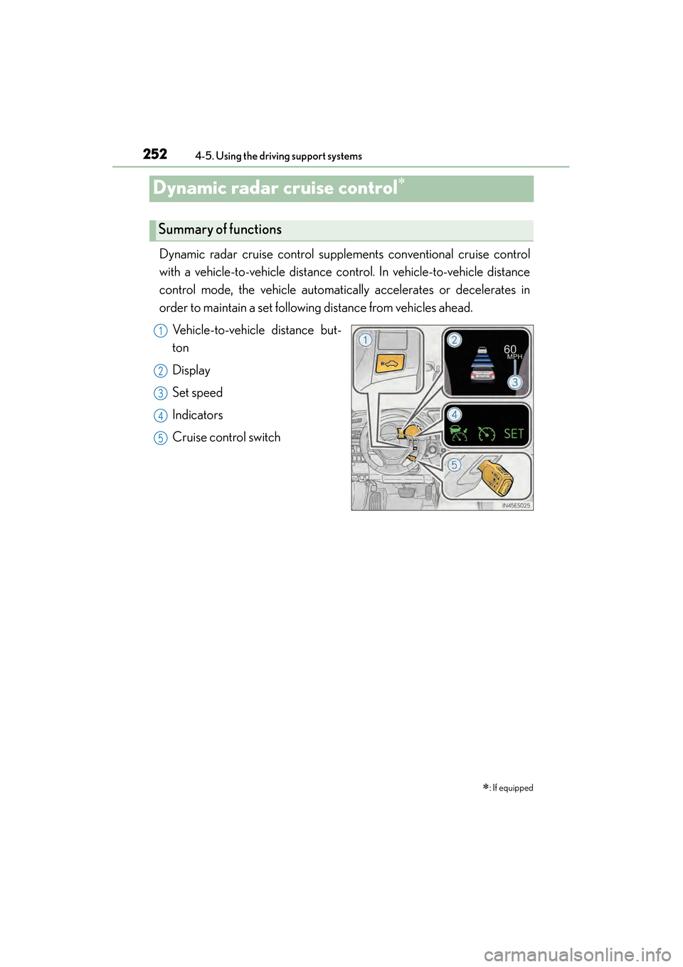 Lexus ES300h 2014 Repair Manual 252
ES350_300h_OM_OM33A60U_(U)
4-5. Using the driving support systems
Dynamic radar cruise control∗
Dynamic radar cruise control supplements conventional cruise control
with a vehicle-to-vehicle dis Lexus ES300h 2014 Repair Manual 252
ES350_300h_OM_OM33A60U_(U)
4-5. Using the driving support systems
Dynamic radar cruise control∗
Dynamic radar cruise control supplements conventional cruise control
with a vehicle-to-vehicle dis