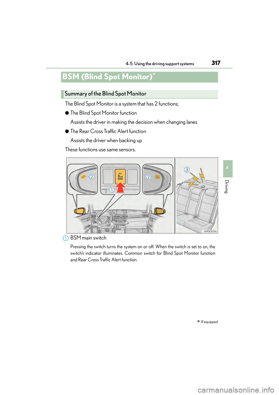 Lexus ES300h 2014 Owners Manual 317
ES350_300h_OM_OM33A60U_(U)
4-5. Using the driving support systems
4
Driving
BSM (Blind Spot Monitor)∗
The Blind Spot Monitor is a system that has 2 functions;
●The Blind Spot Monitor function
Lexus ES300h 2014 Owners Manual 317
ES350_300h_OM_OM33A60U_(U)
4-5. Using the driving support systems
4
Driving
BSM (Blind Spot Monitor)∗
The Blind Spot Monitor is a system that has 2 functions;
●The Blind Spot Monitor function
