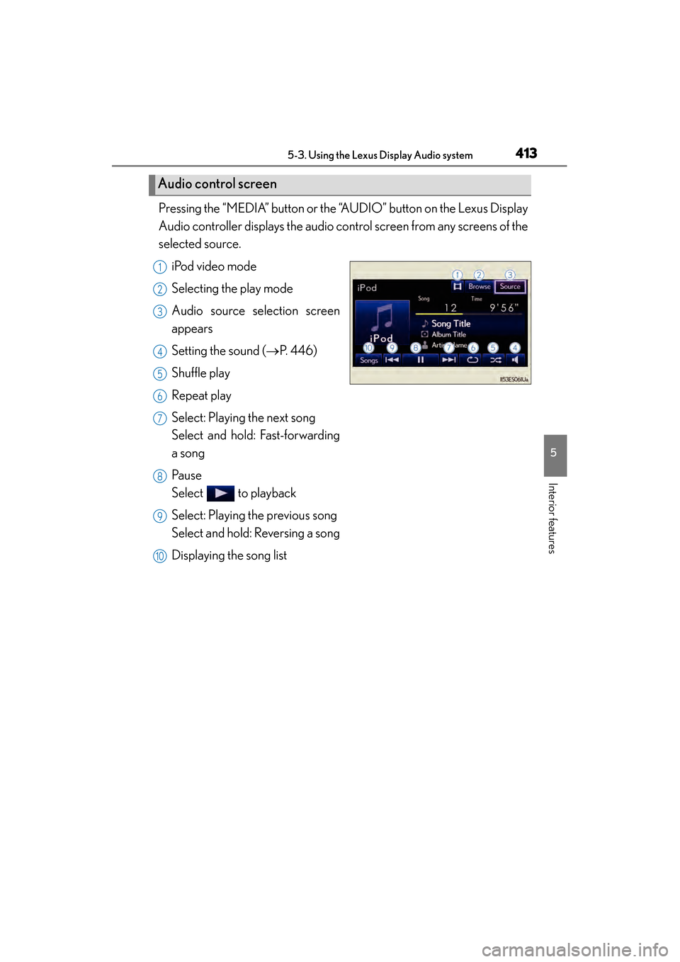 Lexus ES300h 2014 Owners Manual ES350_300h_OM_OM33A60U_(U)
4135-3. Using the Lexus Display Audio system
5
Interior features
Pressing the “MEDIA” button or the “AUDIO” button on the Lexus Display
Audio controller displays the Lexus ES300h 2014 Owners Manual ES350_300h_OM_OM33A60U_(U)
4135-3. Using the Lexus Display Audio system
5
Interior features
Pressing the “MEDIA” button or the “AUDIO” button on the Lexus Display
Audio controller displays the