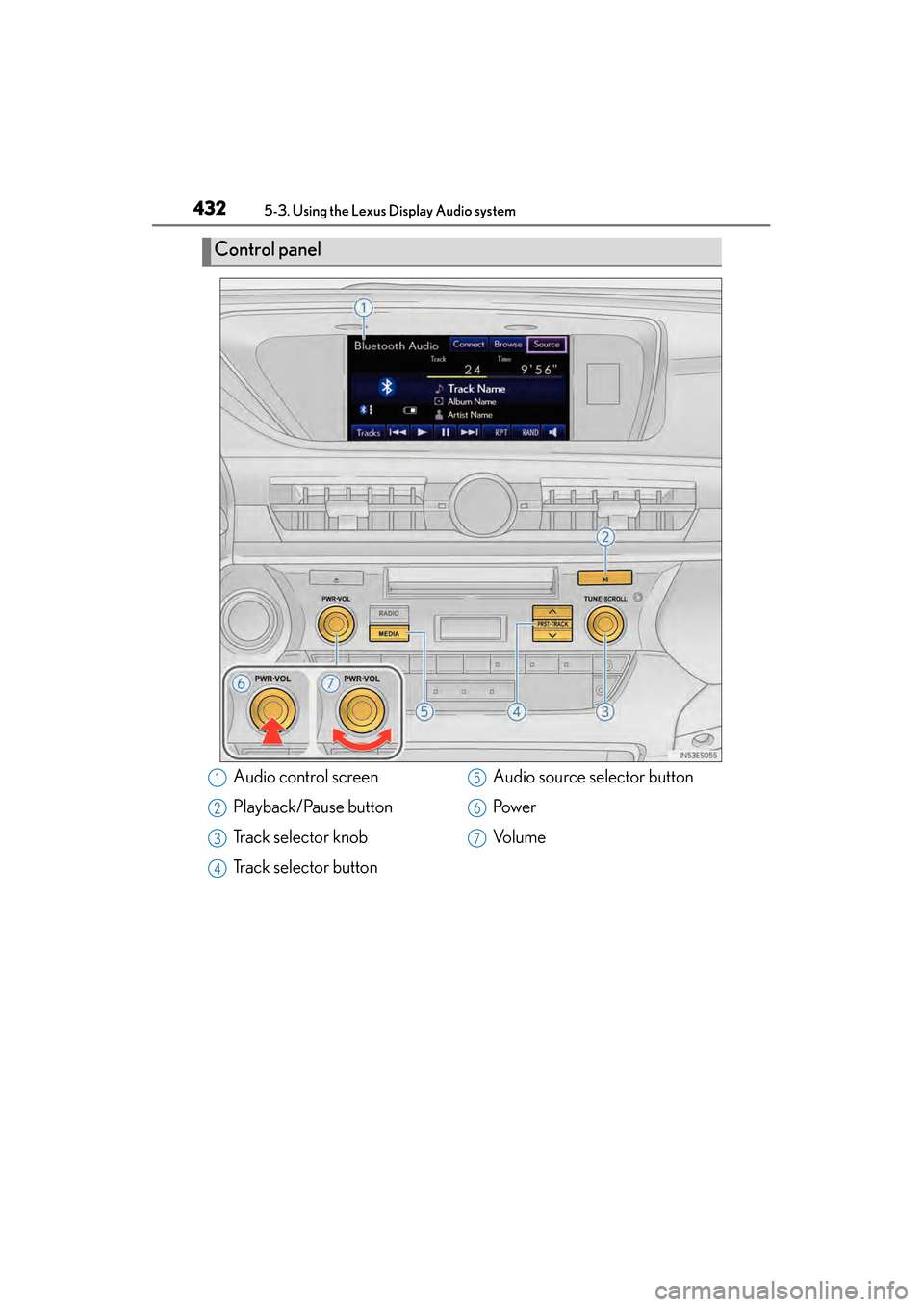 Lexus ES300h 2014  Owners Manual 432
ES350_300h_OM_OM33A60U_(U)
5-3. Using the Lexus Display Audio system
Control panel
Audio control screen
Playback/Pause button
Track selector knob
Track selector buttonAudio source selector button
