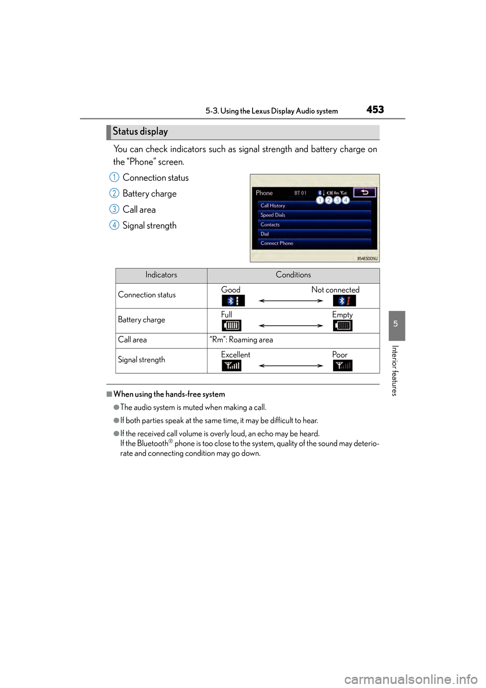 Lexus ES300h 2014 Owners Manual ES350_300h_OM_OM33A60U_(U)
4535-3. Using the Lexus Display Audio system
5
Interior features
You can check indicators such as signal strength and battery charge on
the “Phone” screen.Connection sta Lexus ES300h 2014 Owners Manual ES350_300h_OM_OM33A60U_(U)
4535-3. Using the Lexus Display Audio system
5
Interior features
You can check indicators such as signal strength and battery charge on
the “Phone” screen.Connection sta