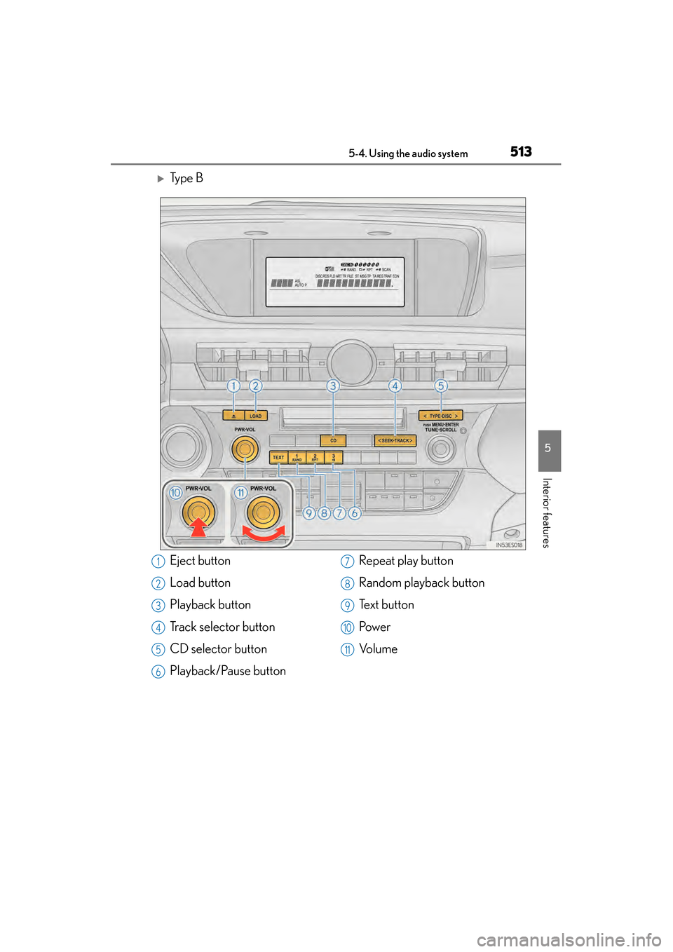 Lexus ES300h 2014  Owners Manual ES350_300h_OM_OM33A60U_(U)
5135-4. Using the audio system
5
Interior features
�XTy p e  B
Eject button
Load button
Playback button
Track selector button
CD selector button
Playback/Pause buttonRepeat 