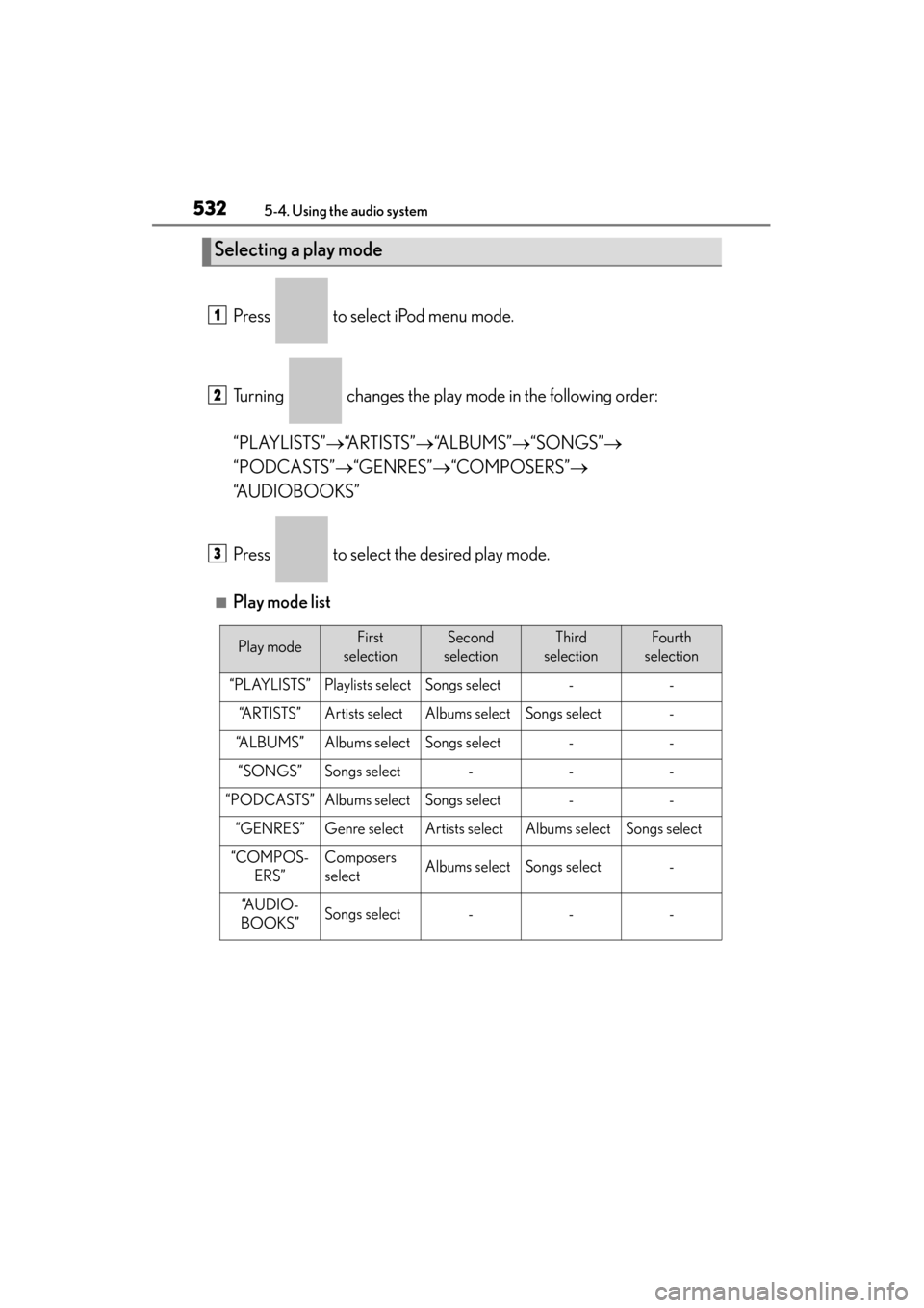 Lexus ES300h 2014  Owners Manual 532
ES350_300h_OM_OM33A60U_(U)
5-4. Using the audio system
Press   to select iPod menu mode.
Turning   changes the play mode in the following order:
“PLAYLISTS”→“A R T I S T S ” →“A L B 