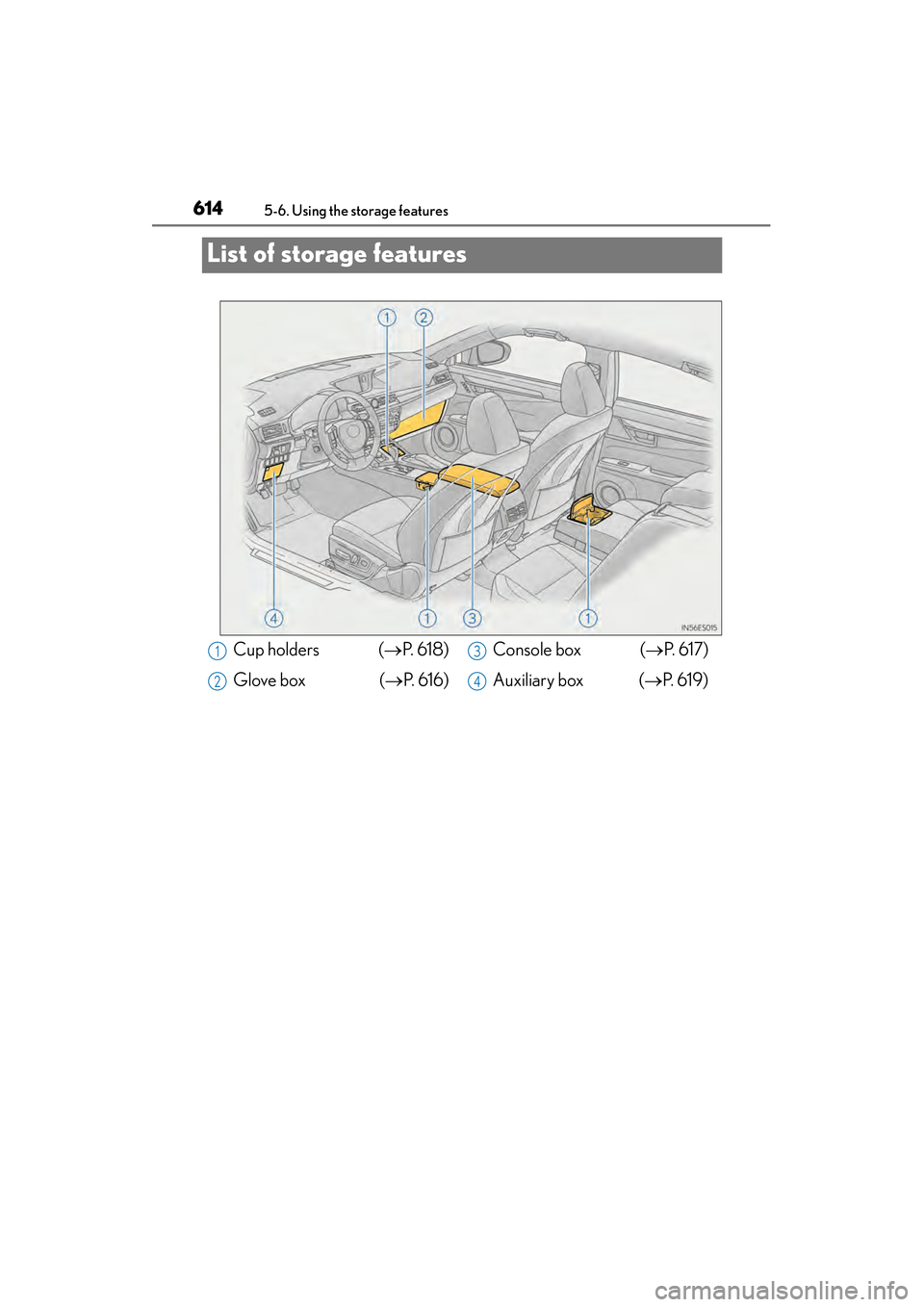 Lexus ES300h 2014  Owners Manual 614
ES350_300h_OM_OM33A60U_(U)
5-6. Using the storage features
List of storage features
Cup holders  (→P.  6 1 8 )
Glove box  ( →P.  6 1 6 ) Console box  (
→P.  6 1 7 )
Auxiliary box ( →P.  6 