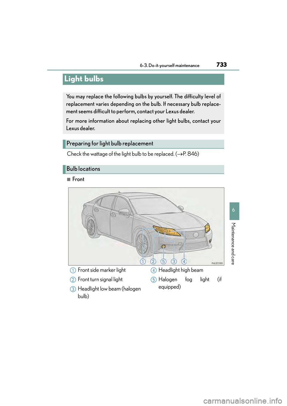 Lexus ES300h 2014  Owners Manual 733
ES350_300h_OM_OM33A60U_(U)
6-3. Do-it-yourself maintenance
6
Maintenance and care
Light bulbs
Check the wattage of the light bulb to be replaced. (→P.  8 4 6 )
■Front
You may replace the follo