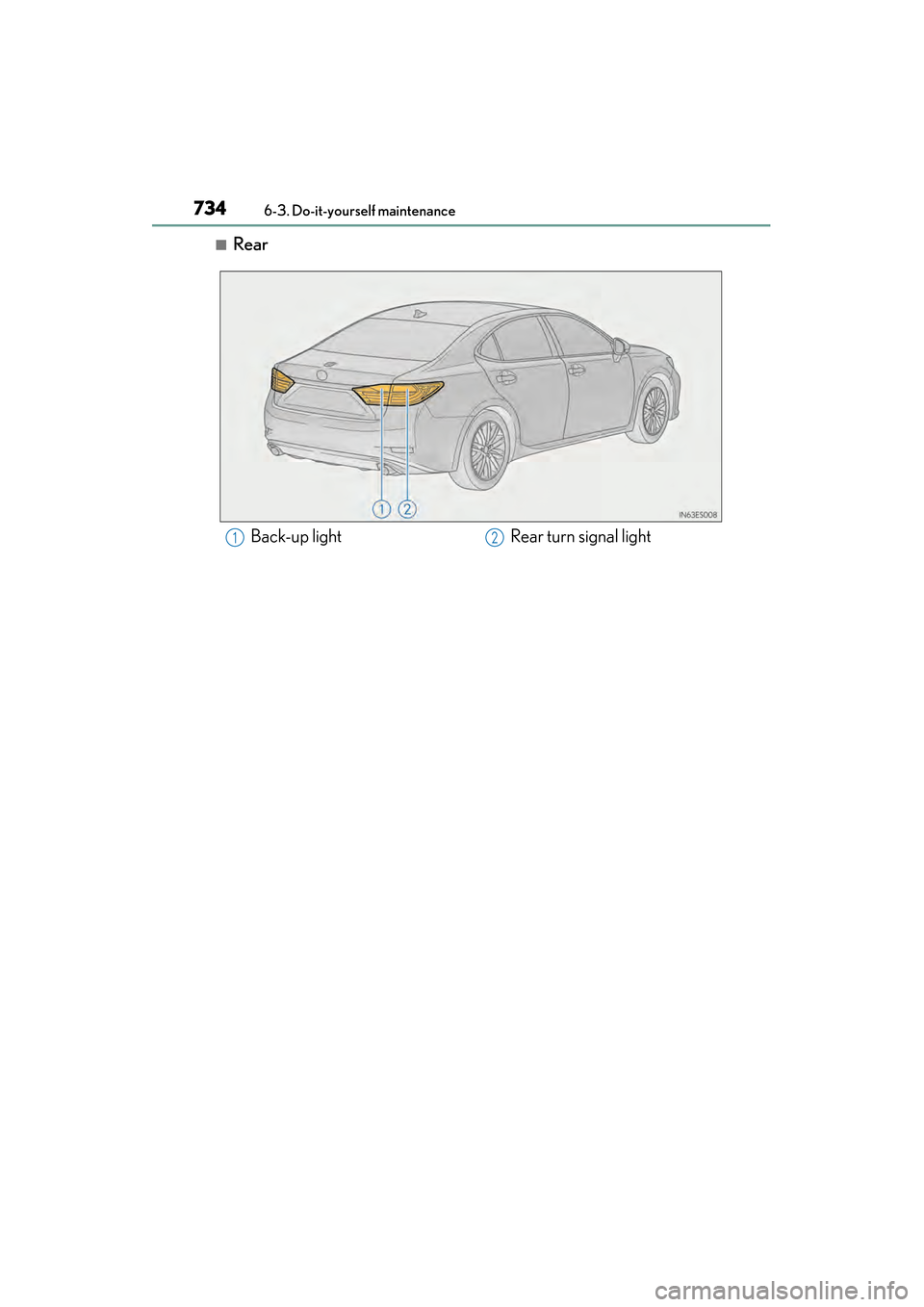 Lexus ES300h 2014  Owners Manual 734
ES350_300h_OM_OM33A60U_(U)
6-3. Do-it-yourself maintenance
■Rear
Back-up lightRear turn signal light12 