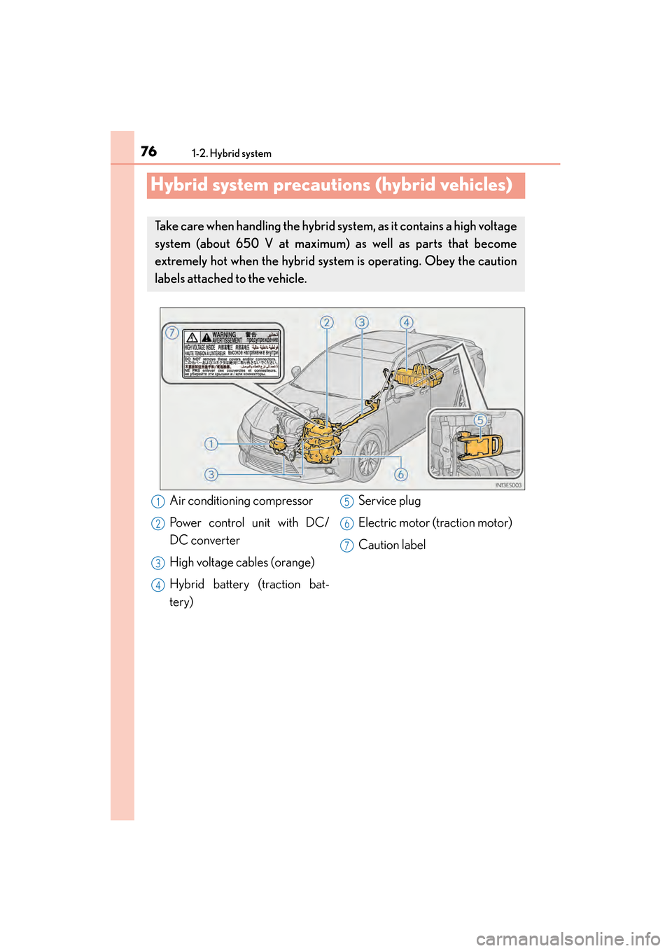 Lexus ES300h 2014  Owners Manual 761-2. Hybrid system
ES350_300h_OM_OM33A60U_(U)
Hybrid system precautions (hybrid vehicles)
Take care when handling the hybrid system, as it contains a high voltage
system (about 650 V at maximum) as 