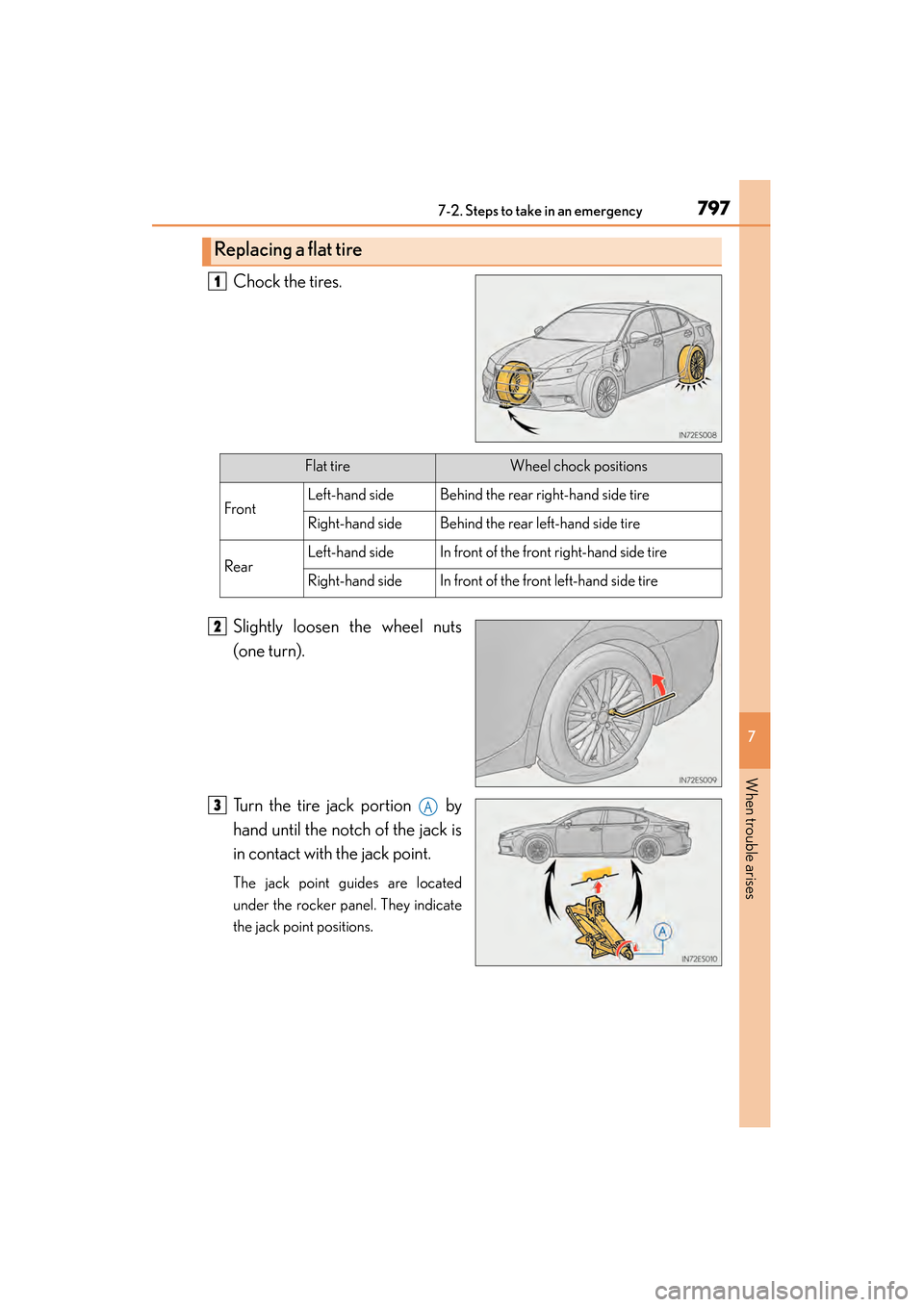 Lexus ES300h 2014  Owners Manual 7977-2. Steps to take in an emergency
ES350_300h_OM_OM33A60U_(U)
7
When trouble arises
Chock the tires.
Slightly loosen the wheel nuts
(one turn).
Turn the tire jack portion   by
hand until the notch 