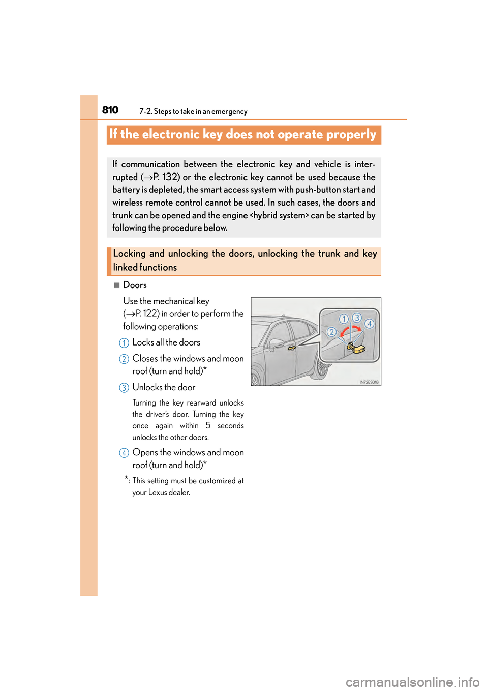 Lexus ES300h 2014  Owners Manual 810
ES350_300h_OM_OM33A60U_(U)
7-2. Steps to take in an emergency
If the electronic key does not operate properly
■Doors
Use the mechanical key 
(→P. 122) in order to perform the
following operati