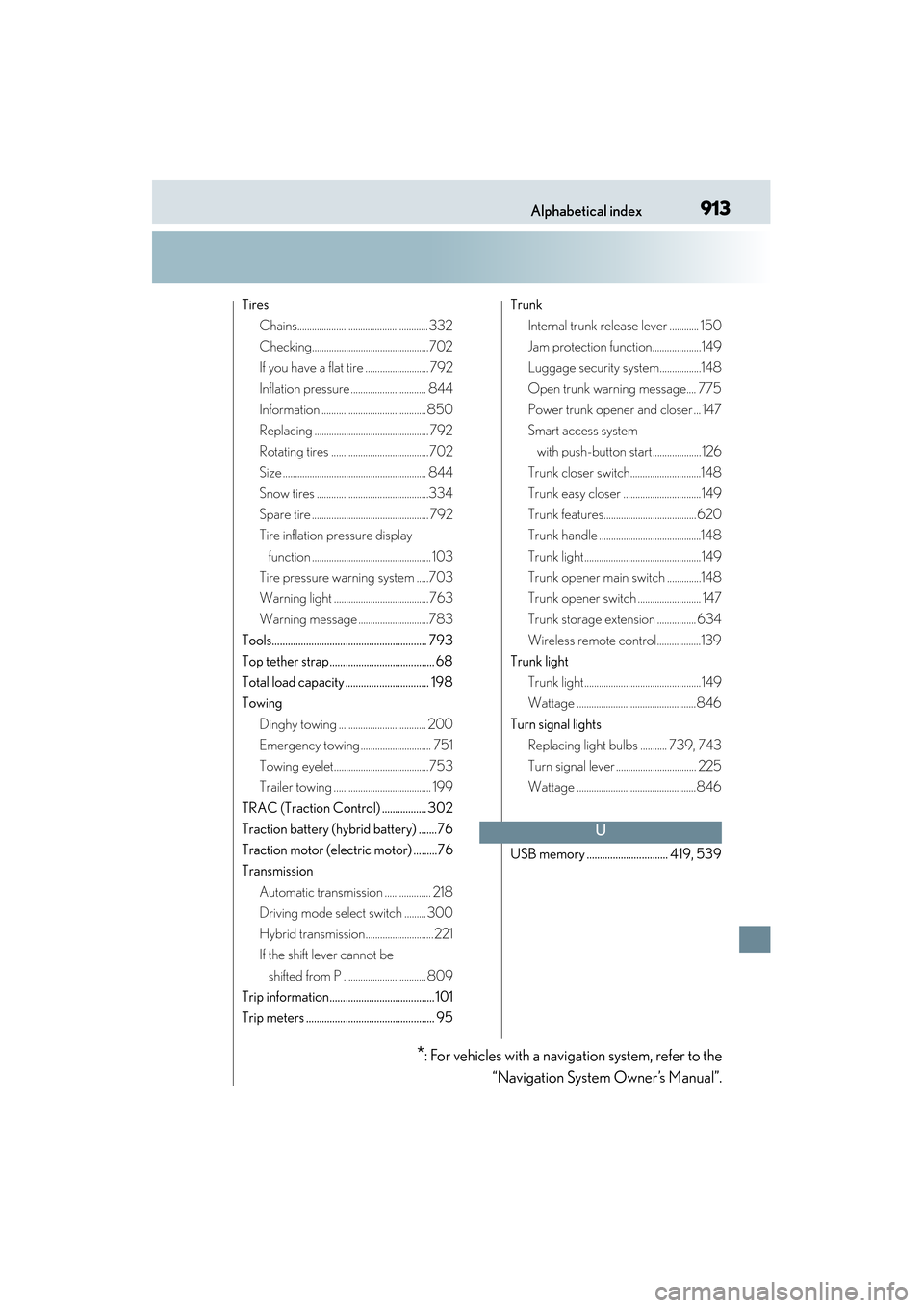 Lexus ES300h 2014  Owners Manual 913Alphabetical index
ES350_300h_OM_OM33A60U_(U)
TiresChains...................................................... 332
Checking................................................702
If you have a flat ti