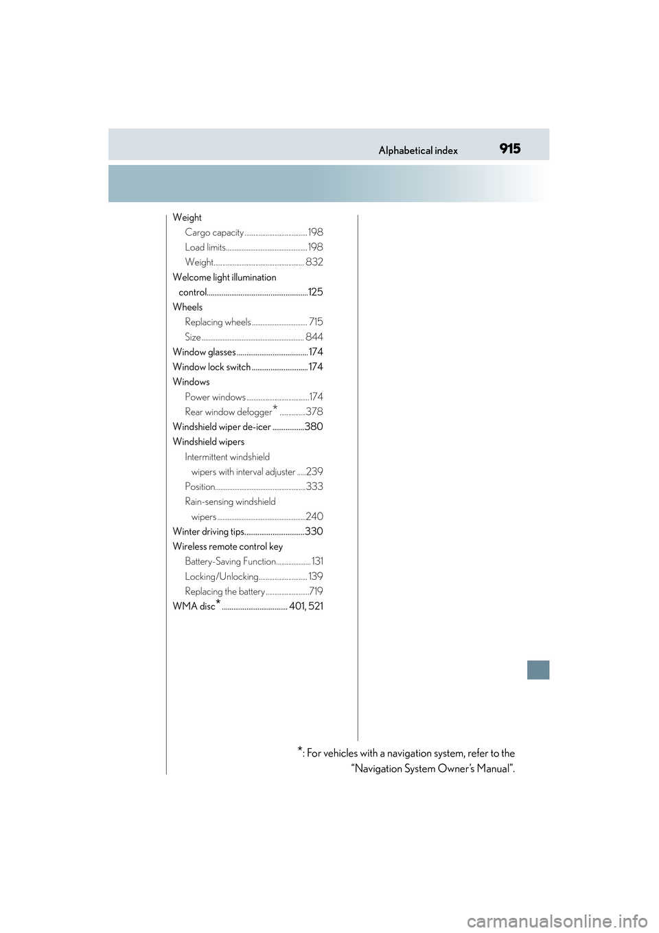 Lexus ES300h 2014  Owners Manual 915Alphabetical index
ES350_300h_OM_OM33A60U_(U)
WeightCargo capacity .................................... 198
Load limits............................................... 198
Weight....................